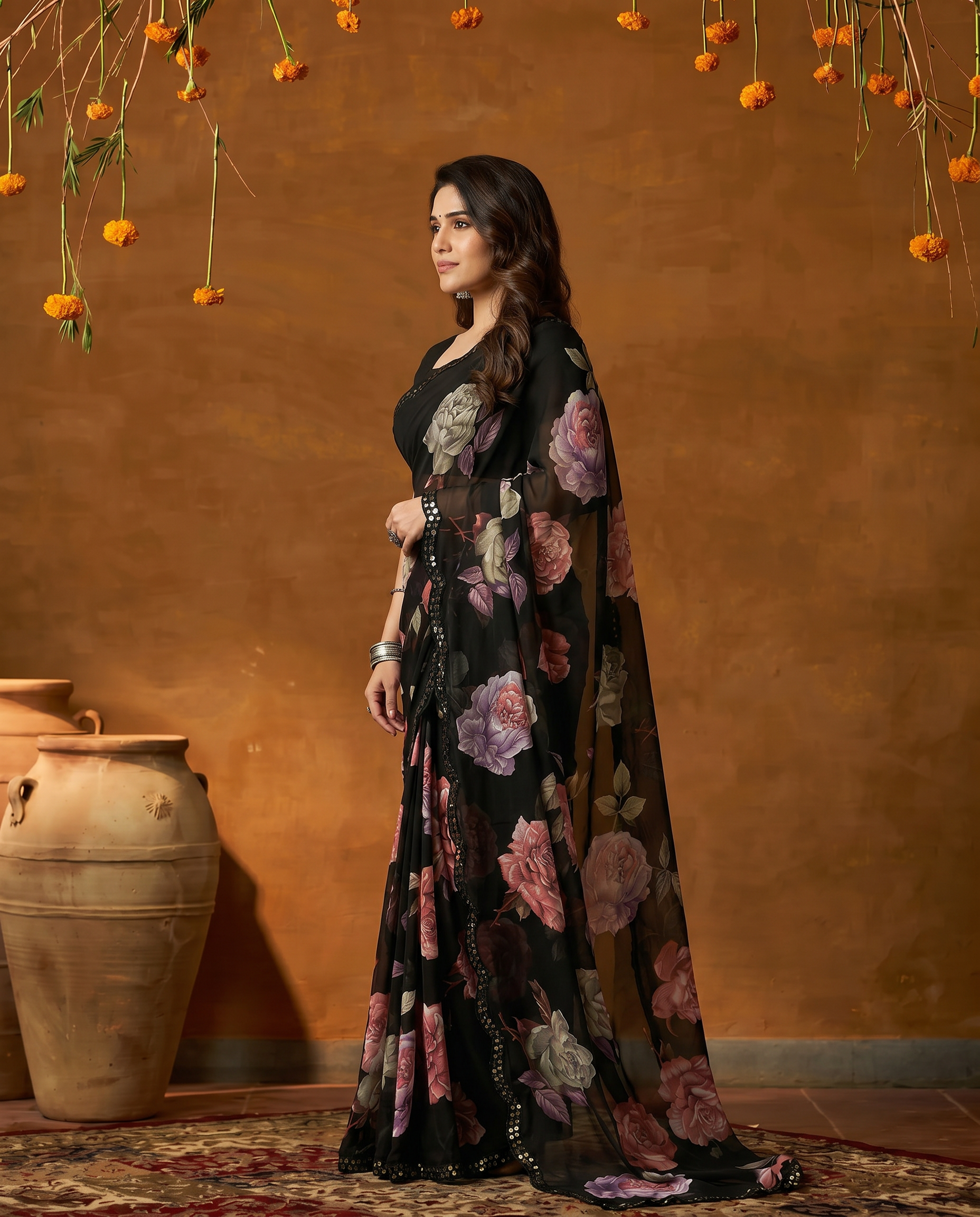Elegant Black Floral Printed Georgette Saree with Designer Border – Party Wear & Casual Wear - output 1 - 03 side