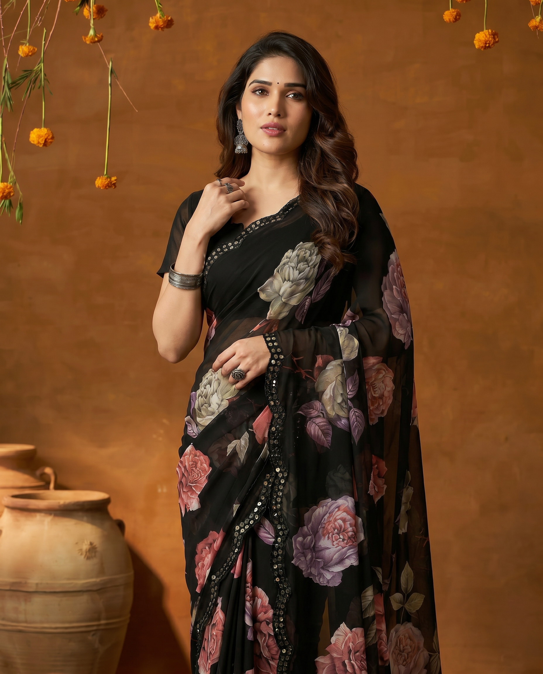 Elegant Black Floral Printed Georgette Saree with Designer Border – Party Wear & Casual Wear - output 1 - 04 upper closeup