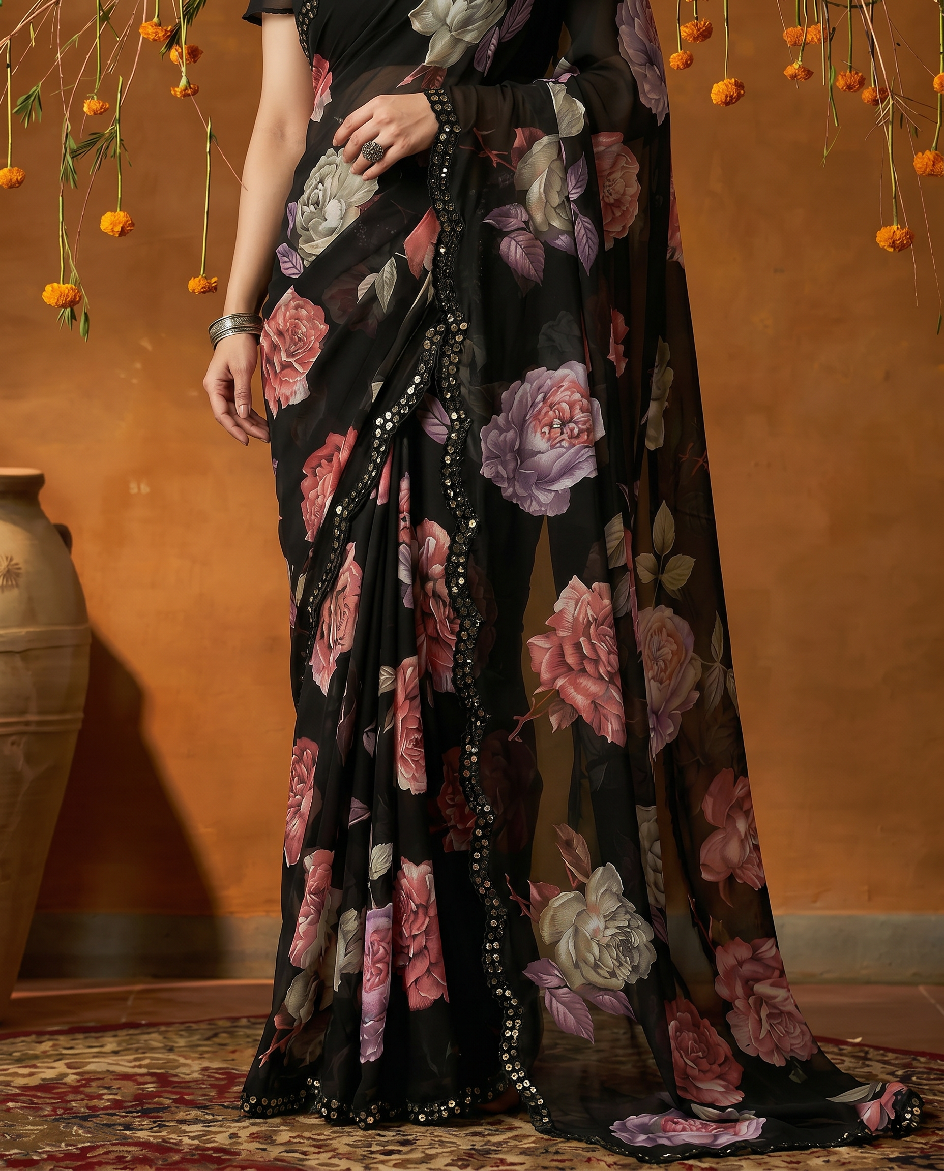 Elegant Black Floral Printed Georgette Saree with Designer Border – Party Wear & Casual Wear - output 1 - 05 lower closeup