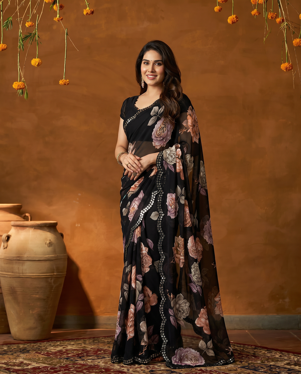 Elegant Black Floral Printed Georgette Saree with Designer Border – Party Wear & Casual Wear - output 2 - 02 hero