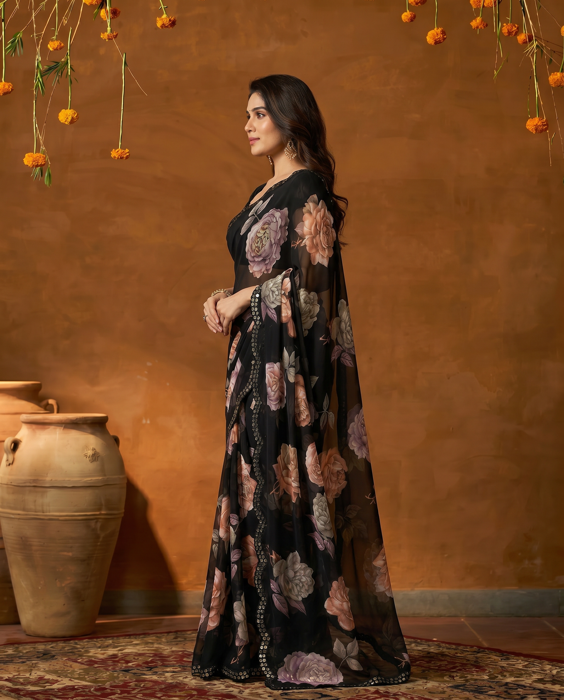 Elegant Black Floral Printed Georgette Saree with Designer Border – Party Wear & Casual Wear - output 2 - 03 side