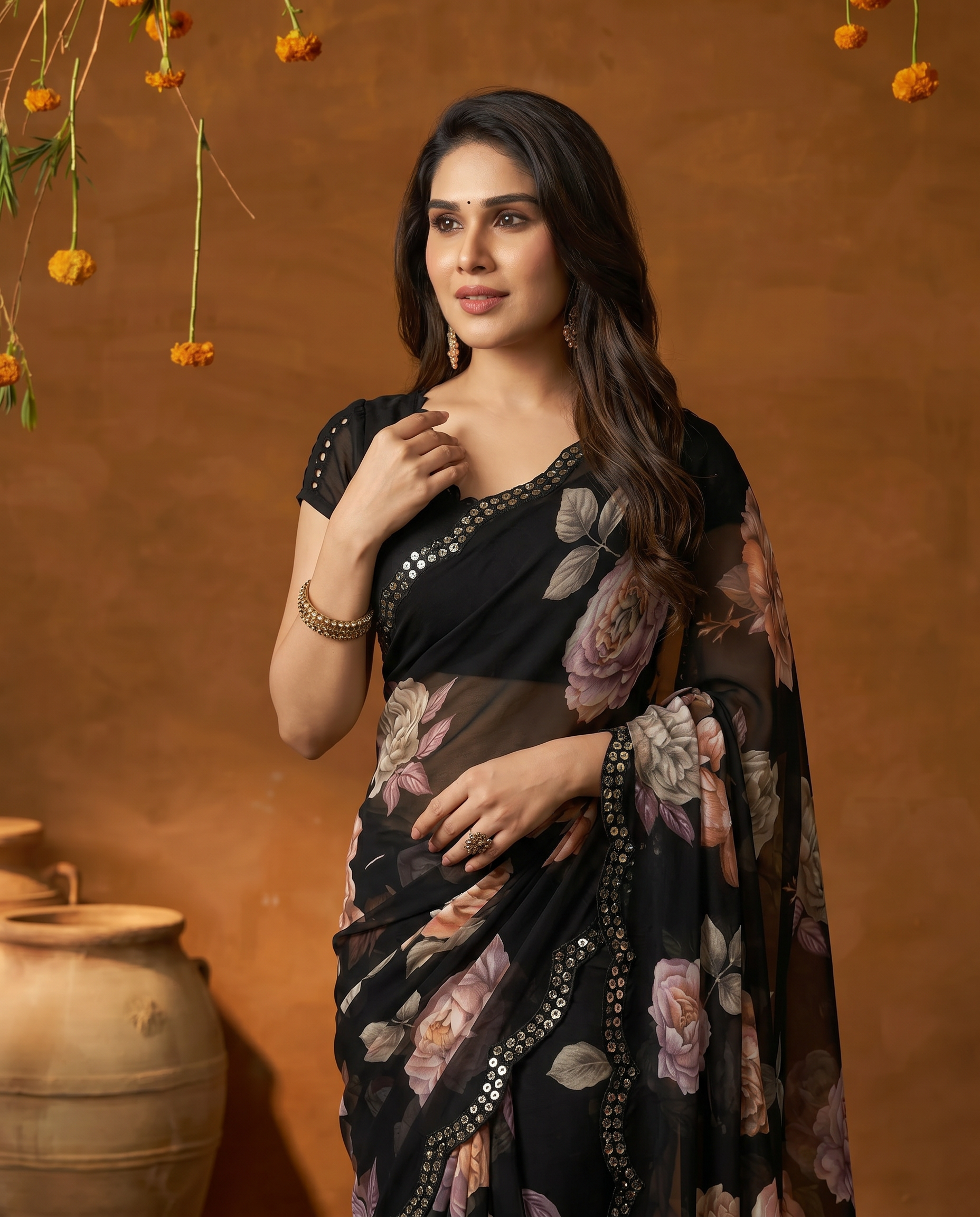 Elegant Black Floral Printed Georgette Saree with Designer Border – Party Wear & Casual Wear - output 2 - 04 upper closeup