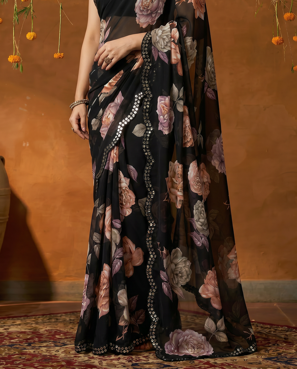 Elegant Black Floral Printed Georgette Saree with Designer Border – Party Wear & Casual Wear - output 2 - 05 lower closeup
