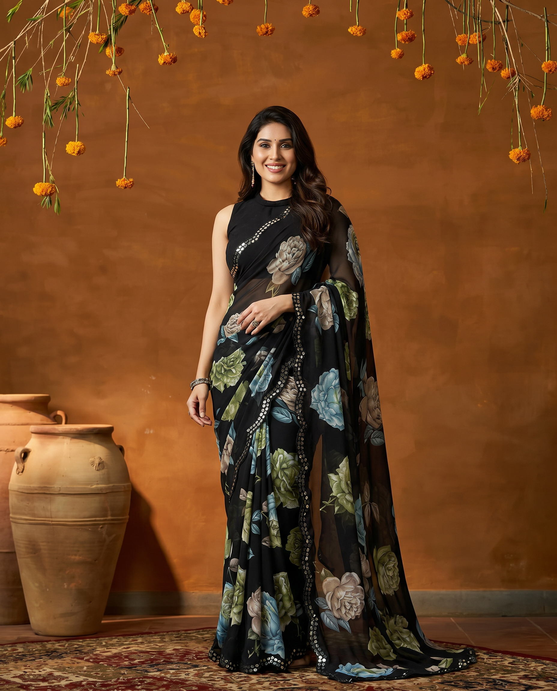 Elegant Black Floral Printed Georgette Saree with Designer Border – Party Wear & Casual Wear - output 3 - 02 hero