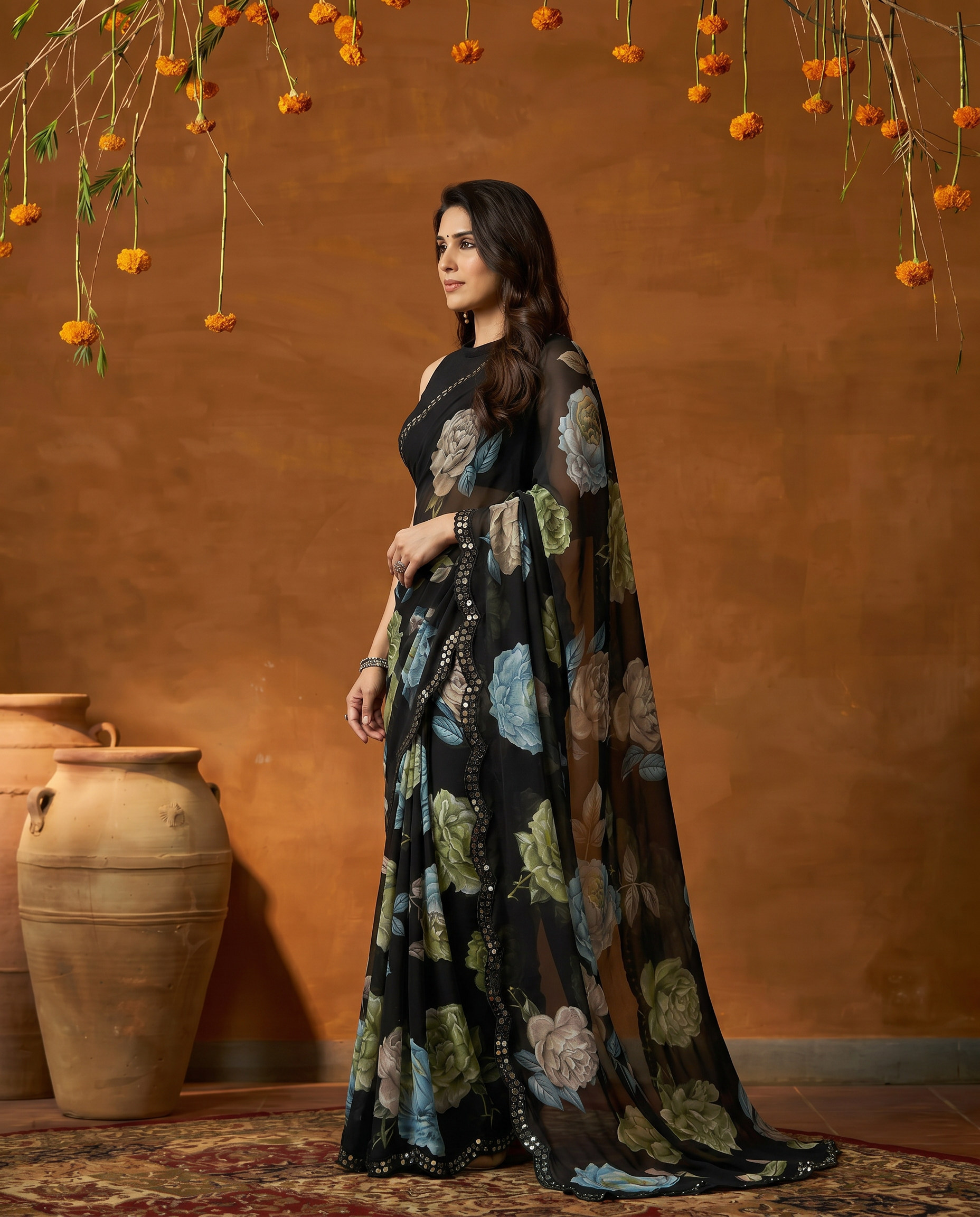 Elegant Black Floral Printed Georgette Saree with Designer Border – Party Wear & Casual Wear - output 3 - 03 side