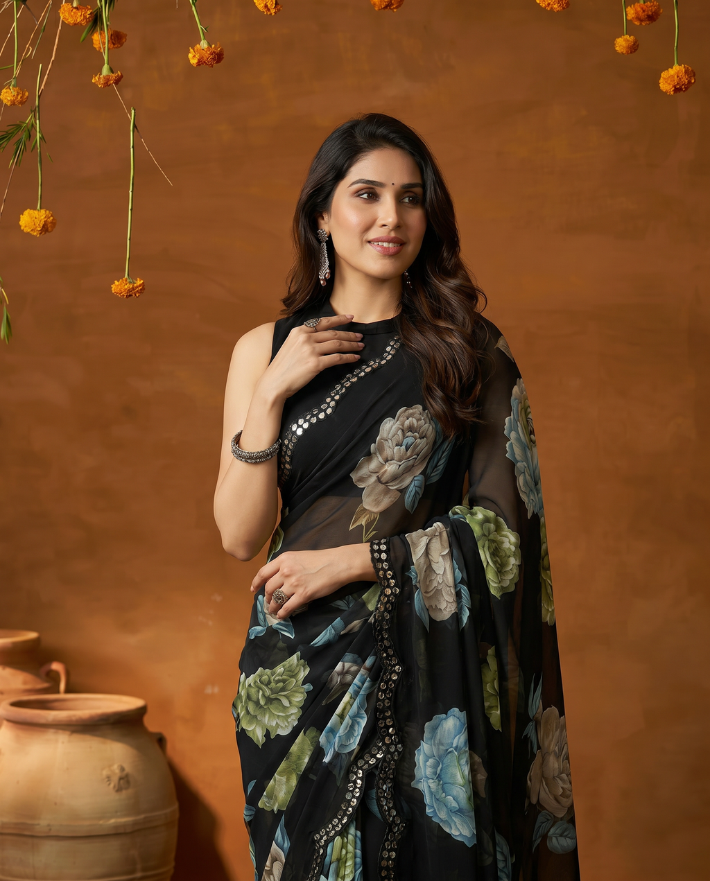 Elegant Black Floral Printed Georgette Saree with Designer Border – Party Wear & Casual Wear - output 3 - 04 upper closeup