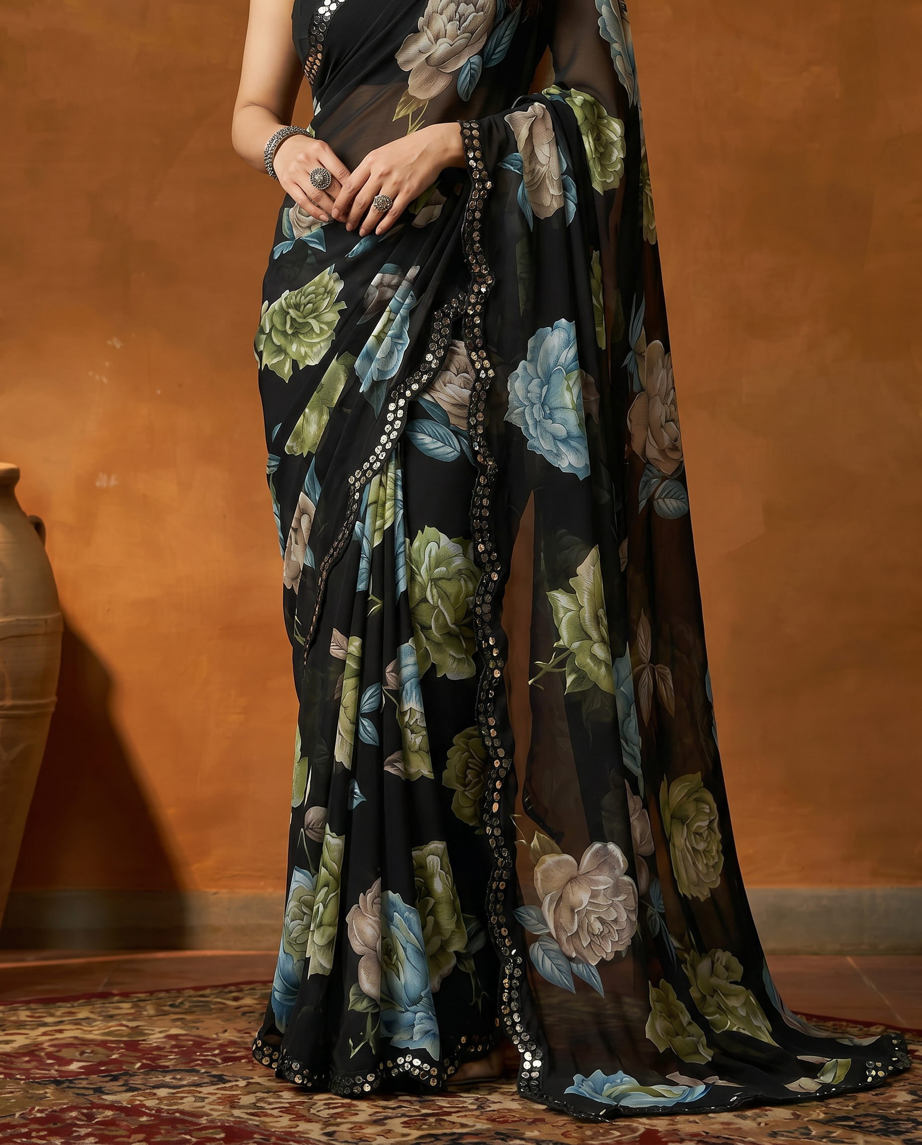 Elegant Black Floral Printed Georgette Saree with Designer Border – Party Wear & Casual Wear - output 3 - 05 lower closeup