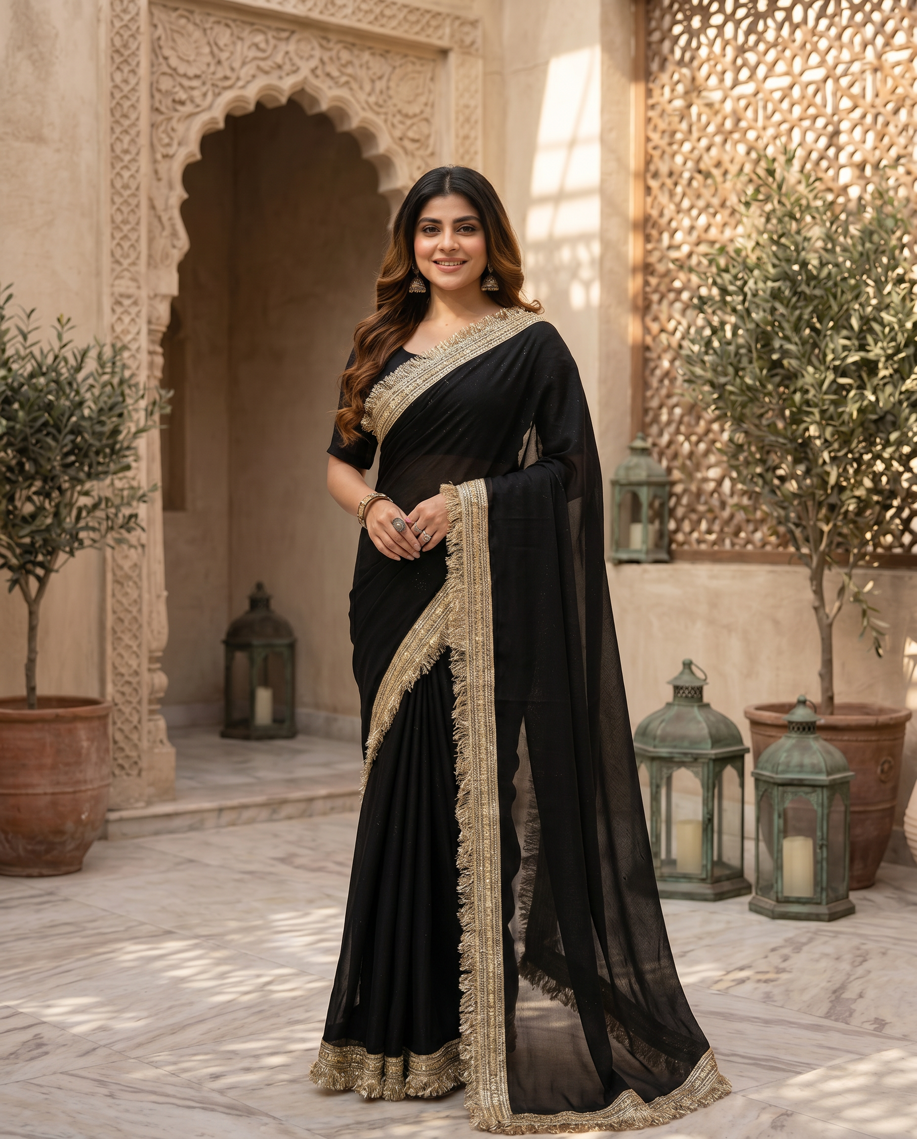 Elegant Black Saree with Golden Designer Lace Border – Party & Evening Wear - output 0 - 02 hero