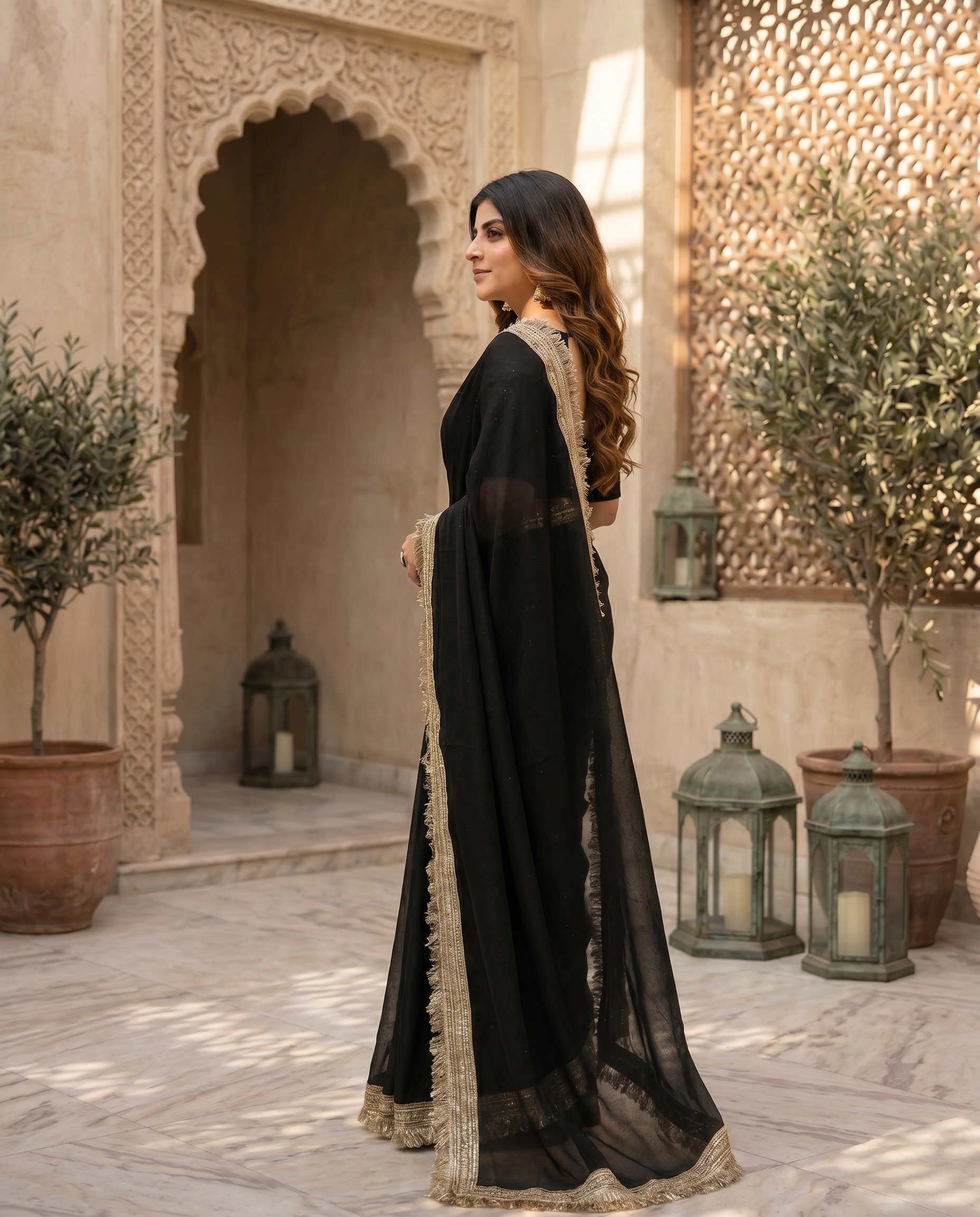 Elegant Black Saree with Golden Designer Lace Border – Party & Evening Wear - output 0 - 03 side