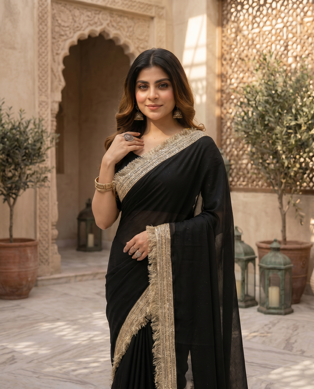 Elegant Black Saree with Golden Designer Lace Border – Party & Evening Wear - output 0 - 04 upper closeup