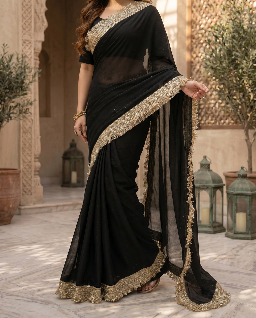 Elegant Black Saree with Golden Designer Lace Border – Party & Evening Wear - output 0 - 05 lower closeup