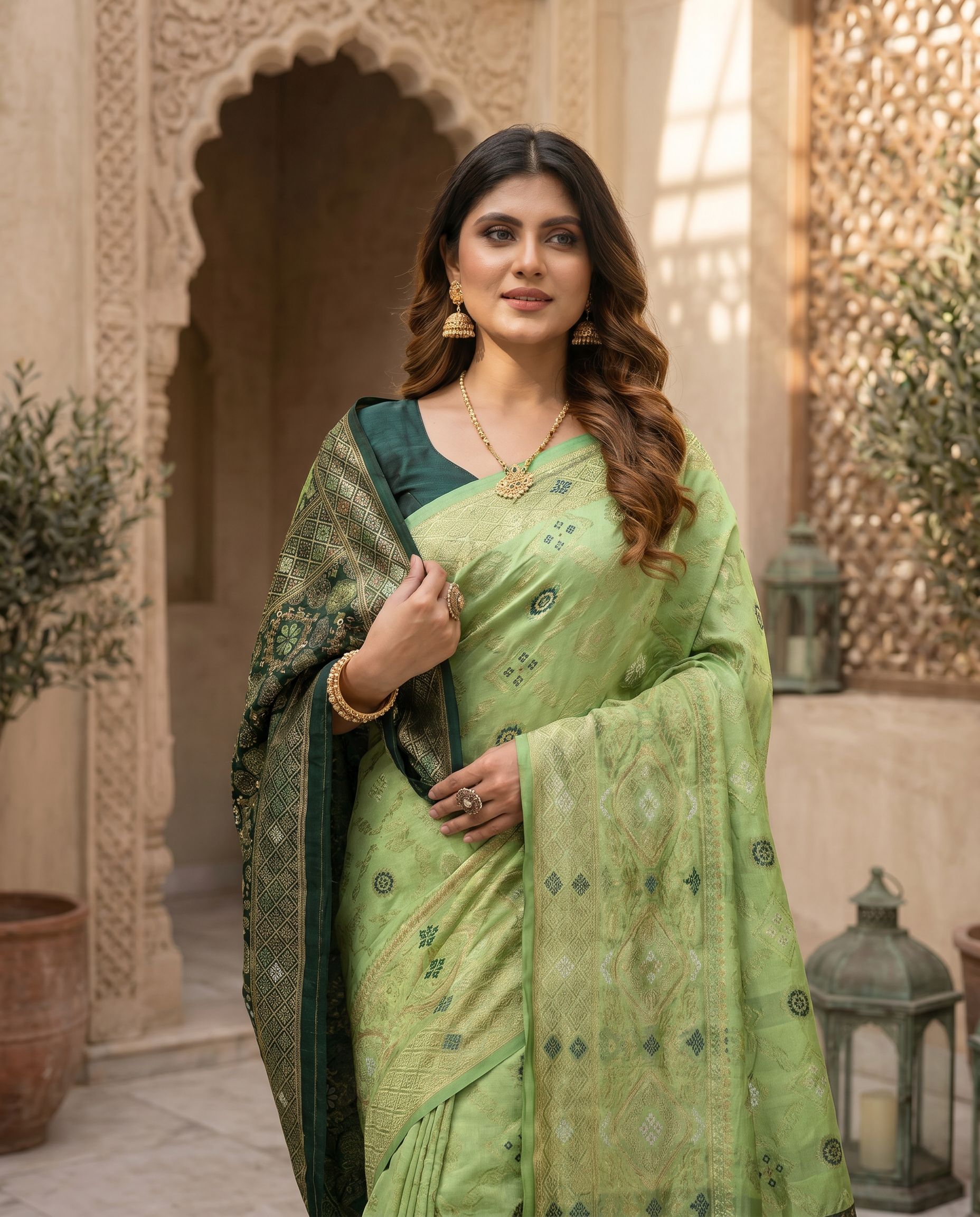 Elegant Bottle Green Banarasi Silk Saree with Contrast Red Zari Border - output 0 - 04 upper closeup