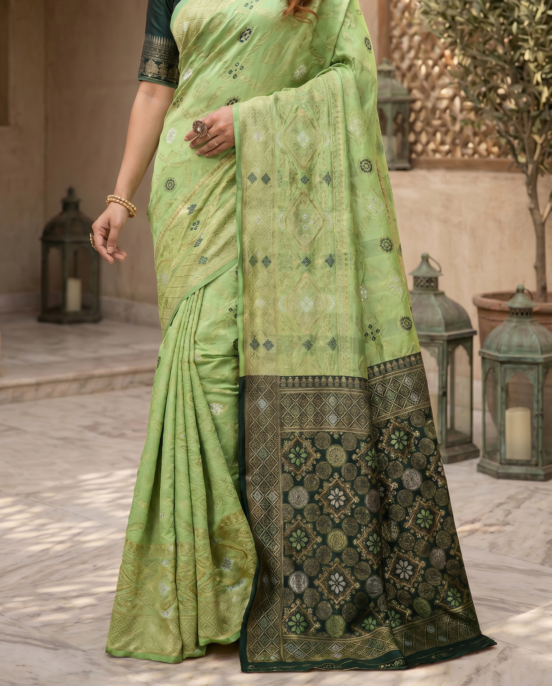 Elegant Bottle Green Banarasi Silk Saree with Contrast Red Zari Border - output 0 - 05 lower closeup