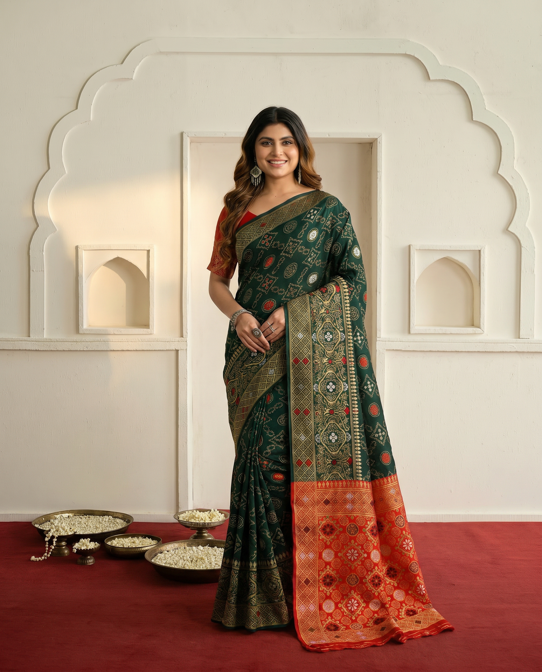Elegant Bottle Green Banarasi Silk Saree with Contrast Red Zari Border - output 1 - 02 hero