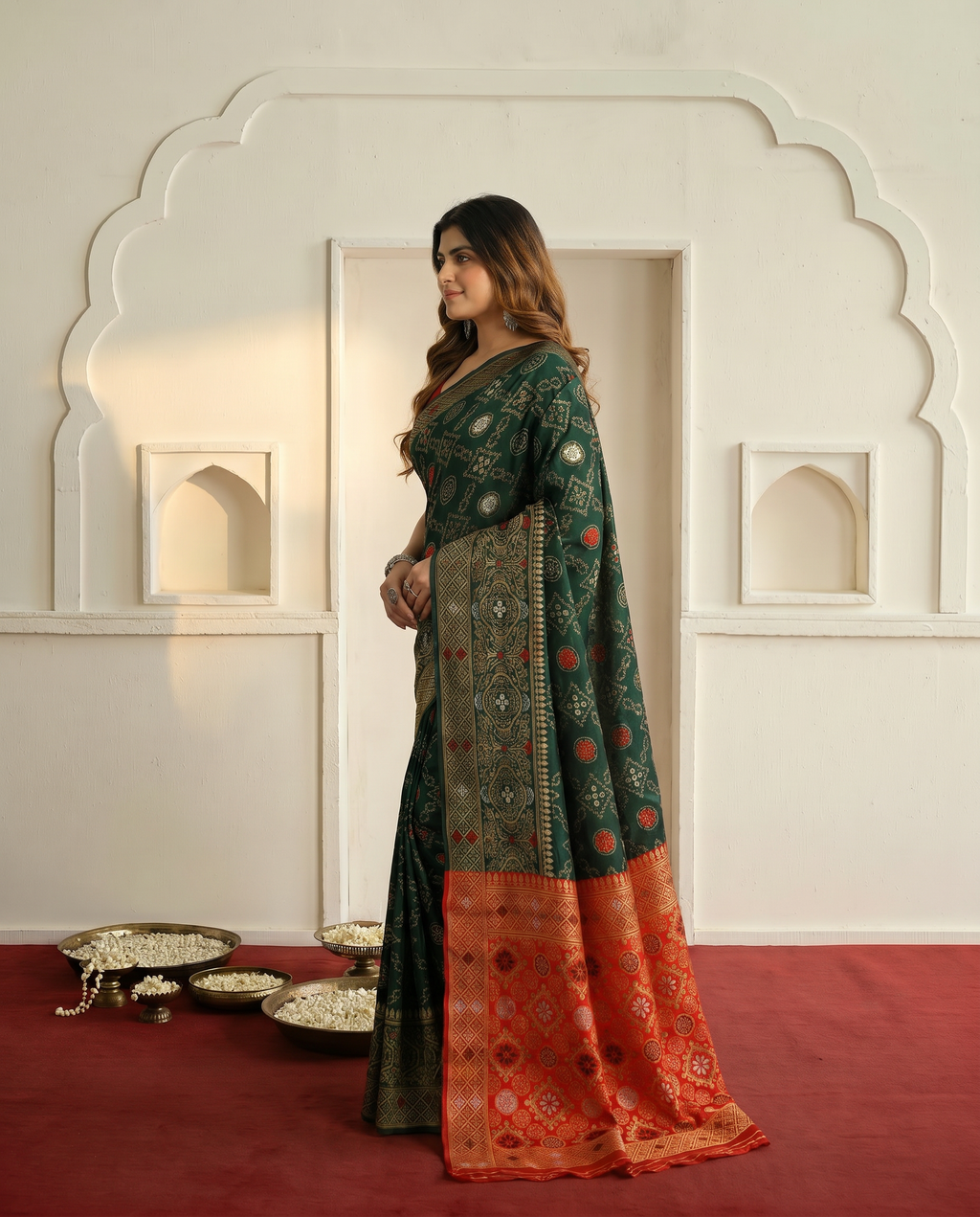 Elegant Bottle Green Banarasi Silk Saree with Contrast Red Zari Border - output 1 - 03 side