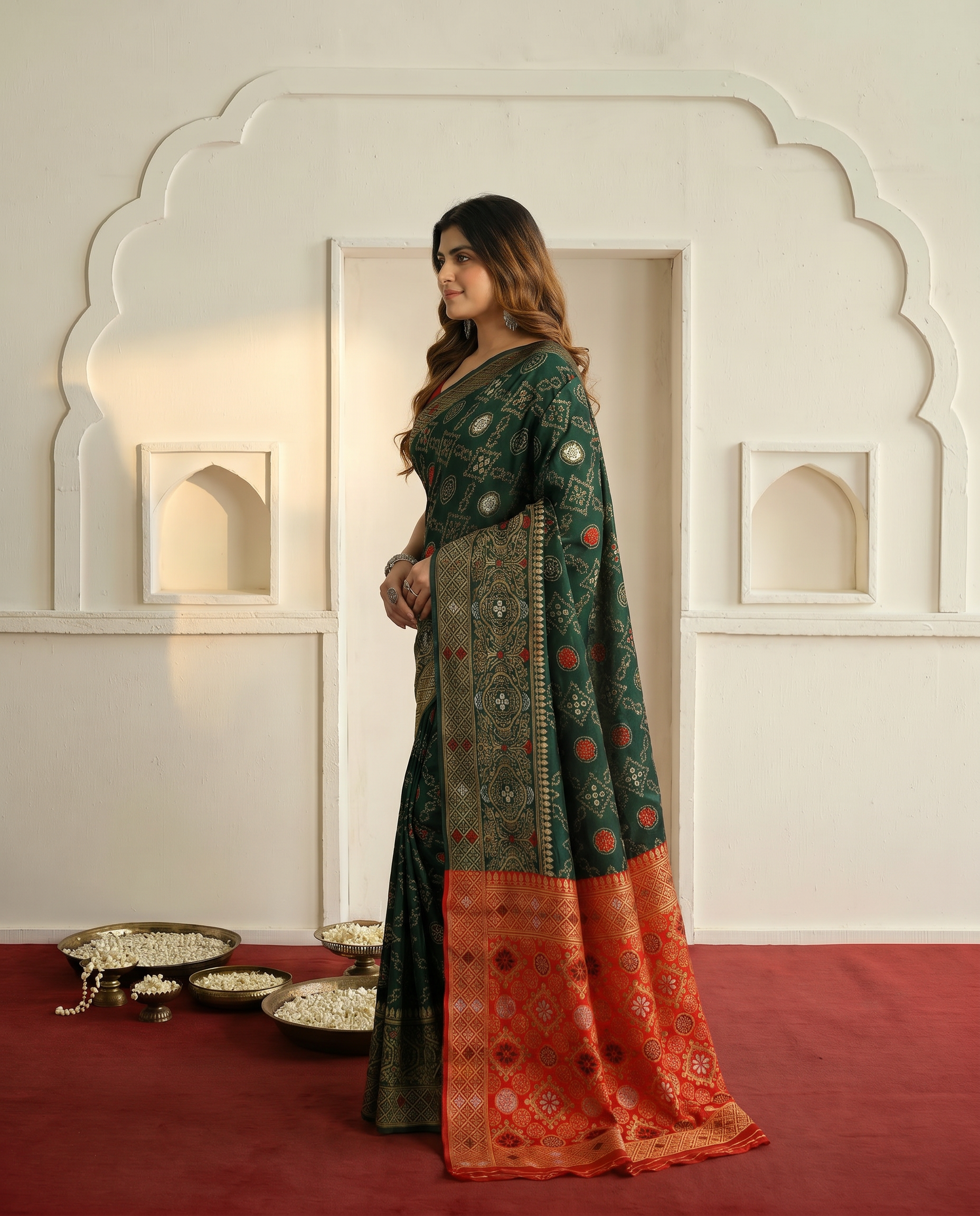 Elegant Bottle Green Banarasi Silk Saree with Contrast Red Zari Border - output 1 - 03 side