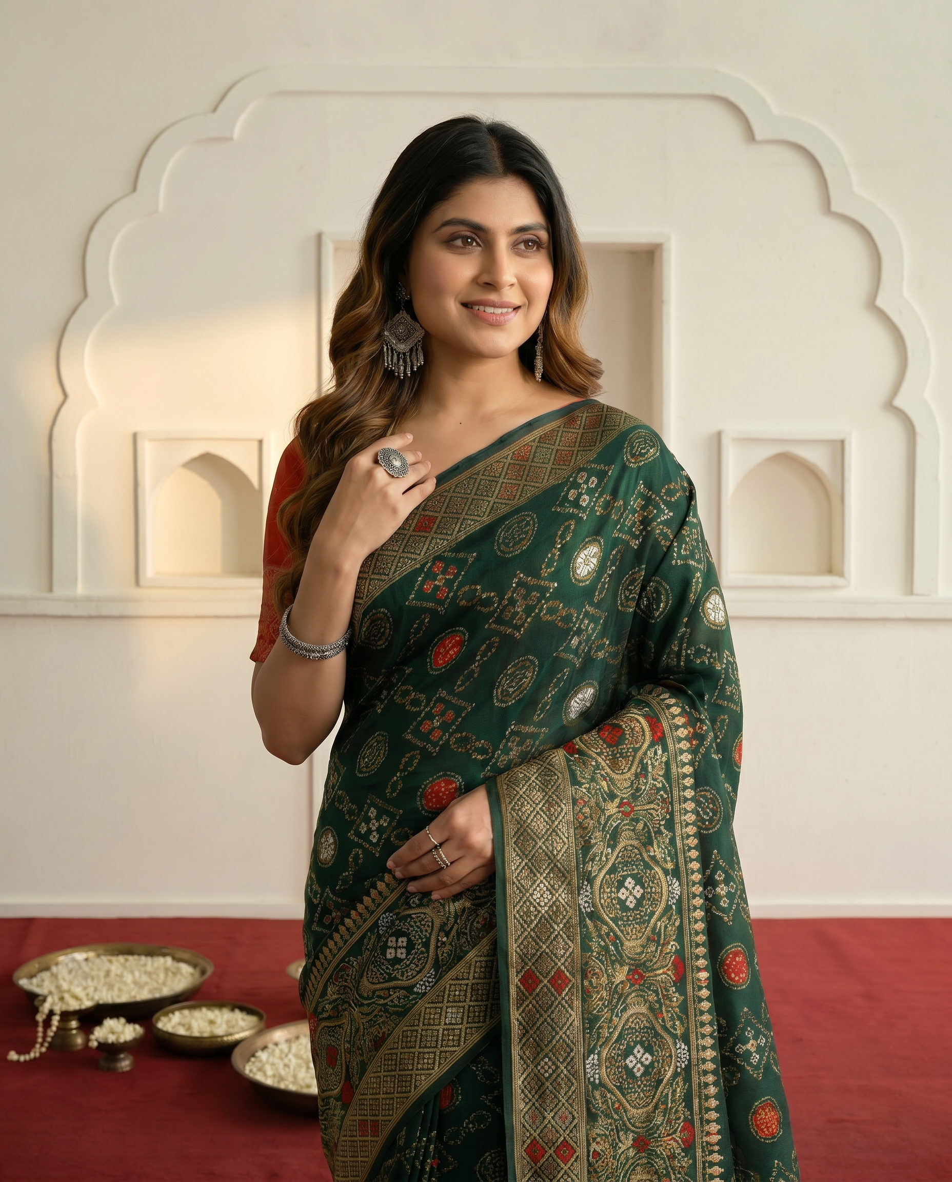 Elegant Bottle Green Banarasi Silk Saree with Contrast Red Zari Border - output 1 - 04 upper closeup