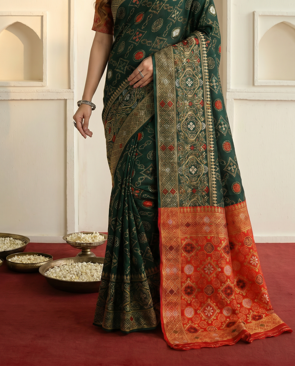 Elegant Bottle Green Banarasi Silk Saree with Contrast Red Zari Border - output 1 - 05 lower closeup