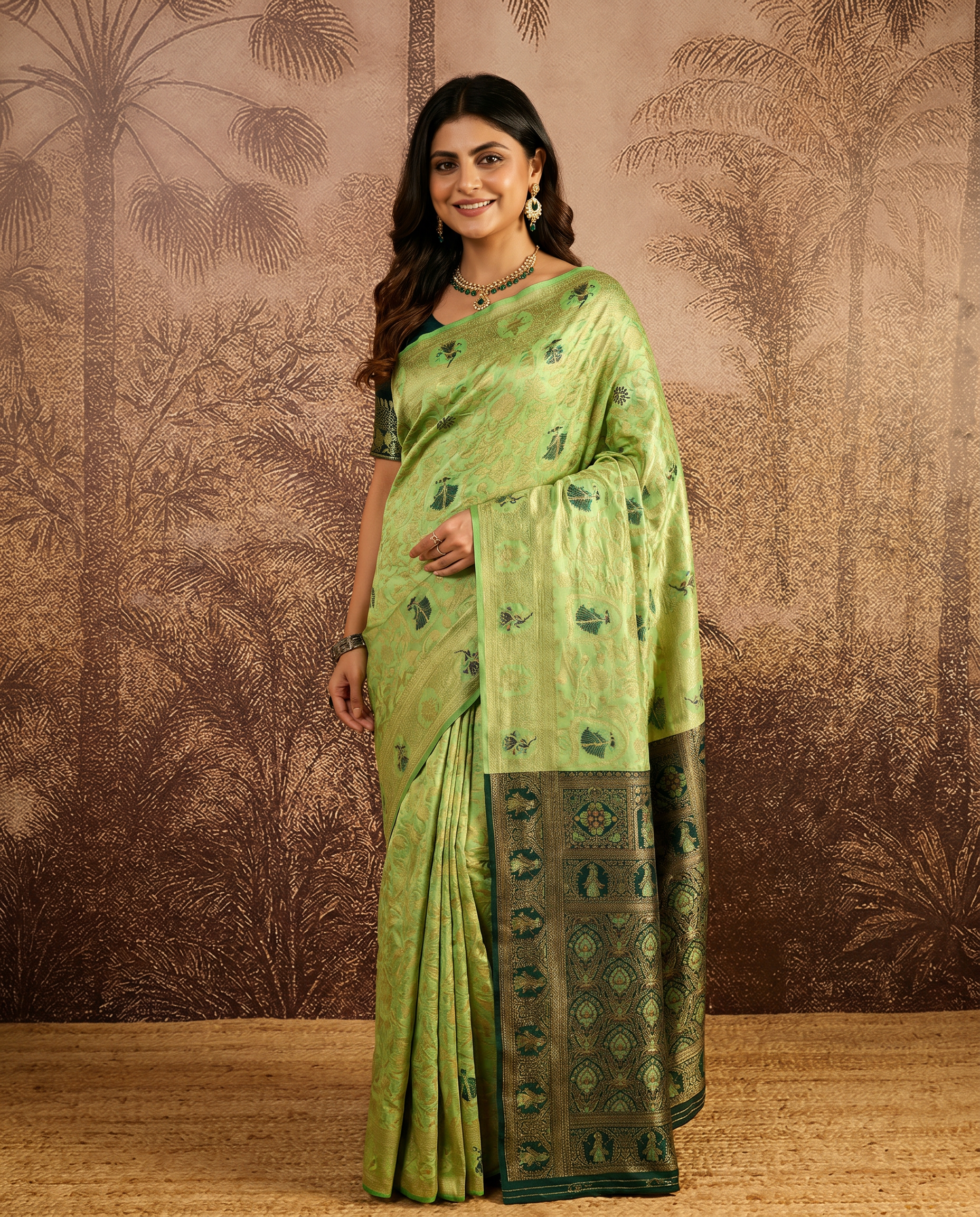 Graceful Pastel Green Banarasi Silk Saree with Rich Zari Border - output 2 - 02 hero