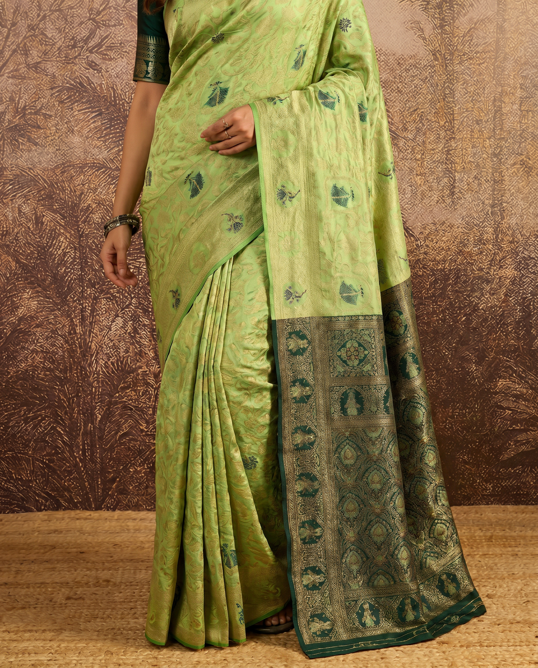 Graceful Pastel Green Banarasi Silk Saree with Rich Zari Border - output 2 - 05 lower closeup