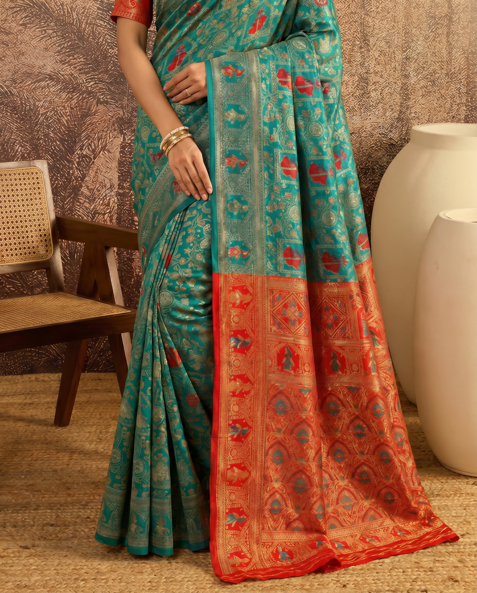 Graceful Pastel Green Banarasi Silk Saree with Rich Zari Border - output 4 - 05 lower closeup