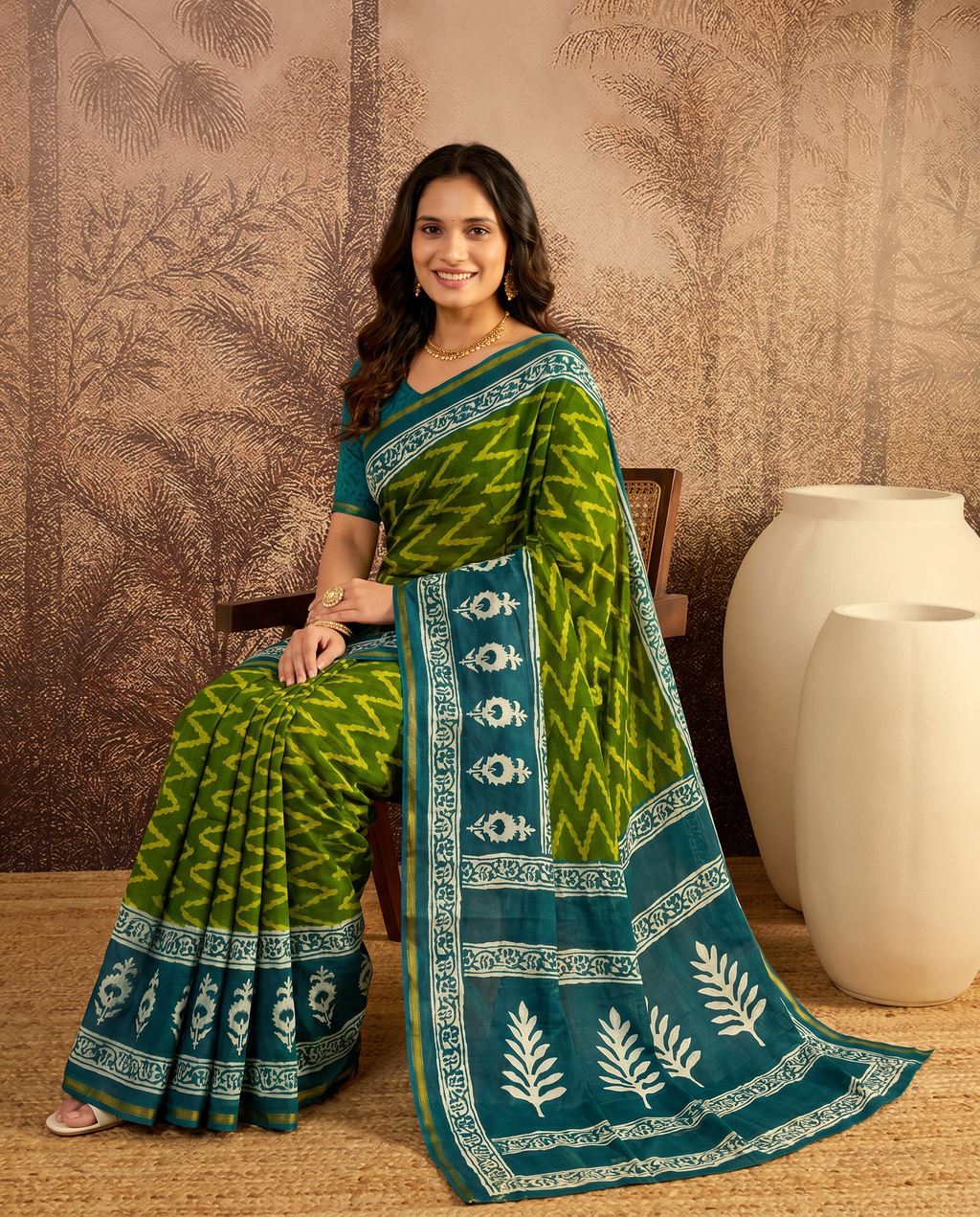 Elegant Bottle Green Printed Pure Cotton Saree with Ethnic Border - output 0 - 02 hero