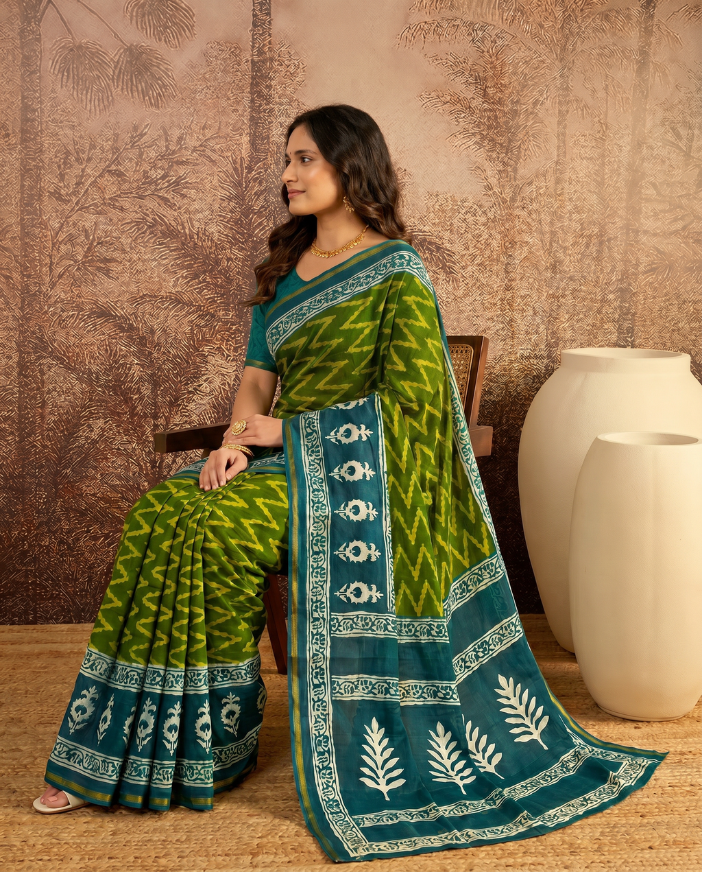 Elegant Bottle Green Printed Pure Cotton Saree with Ethnic Border - output 0 - 03 side