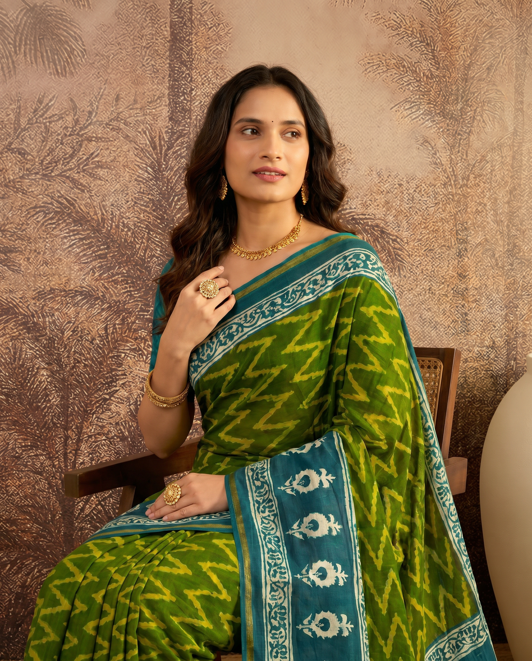 Elegant Bottle Green Printed Pure Cotton Saree with Ethnic Border - output 0 - 04 upper closeup