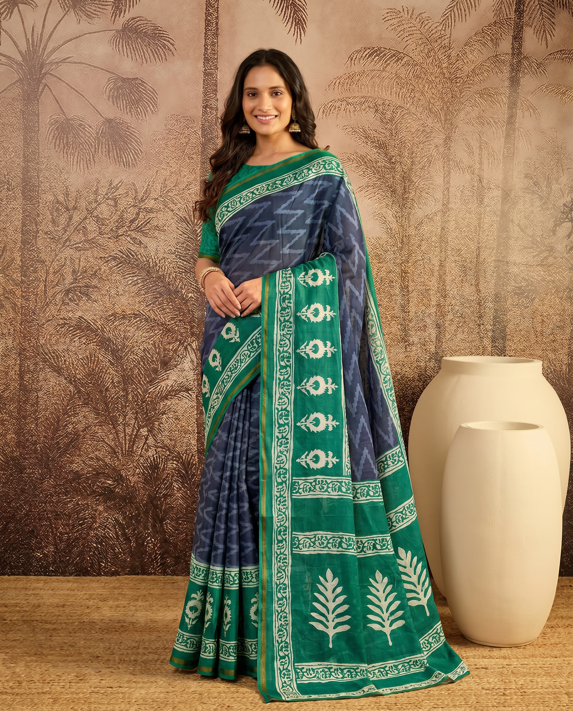 Elegant Bottle Green Printed Pure Cotton Saree with Ethnic Border - output 1 - 02 hero