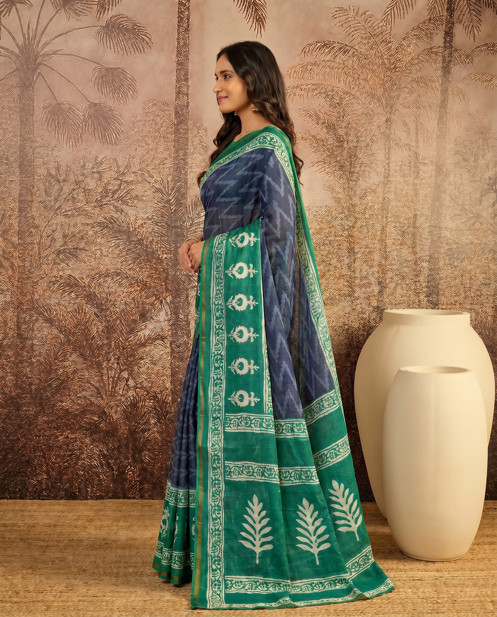 Elegant Bottle Green Printed Pure Cotton Saree with Ethnic Border - output 1 - 03 side