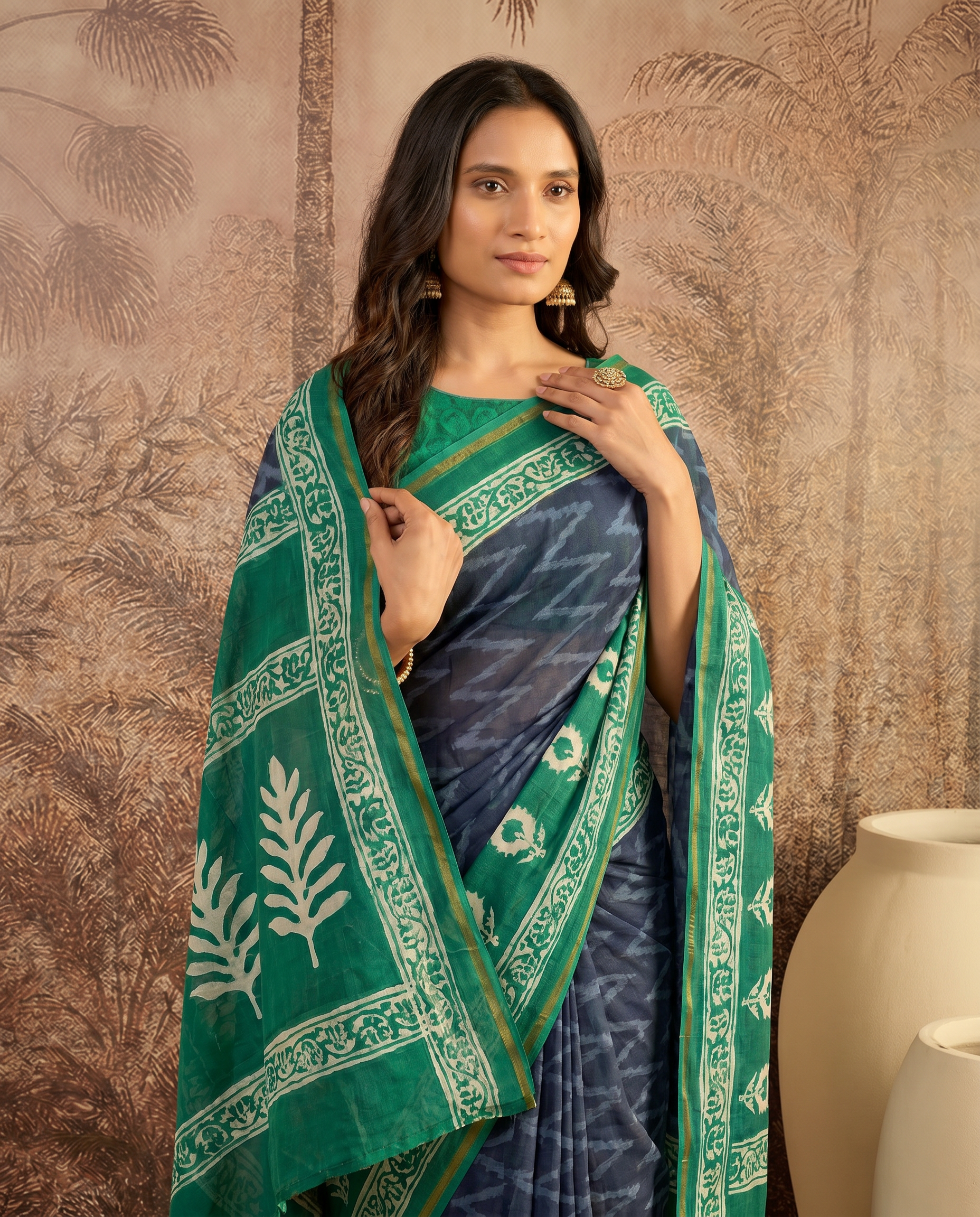 Elegant Bottle Green Printed Pure Cotton Saree with Ethnic Border - output 1 - 04 upper closeup