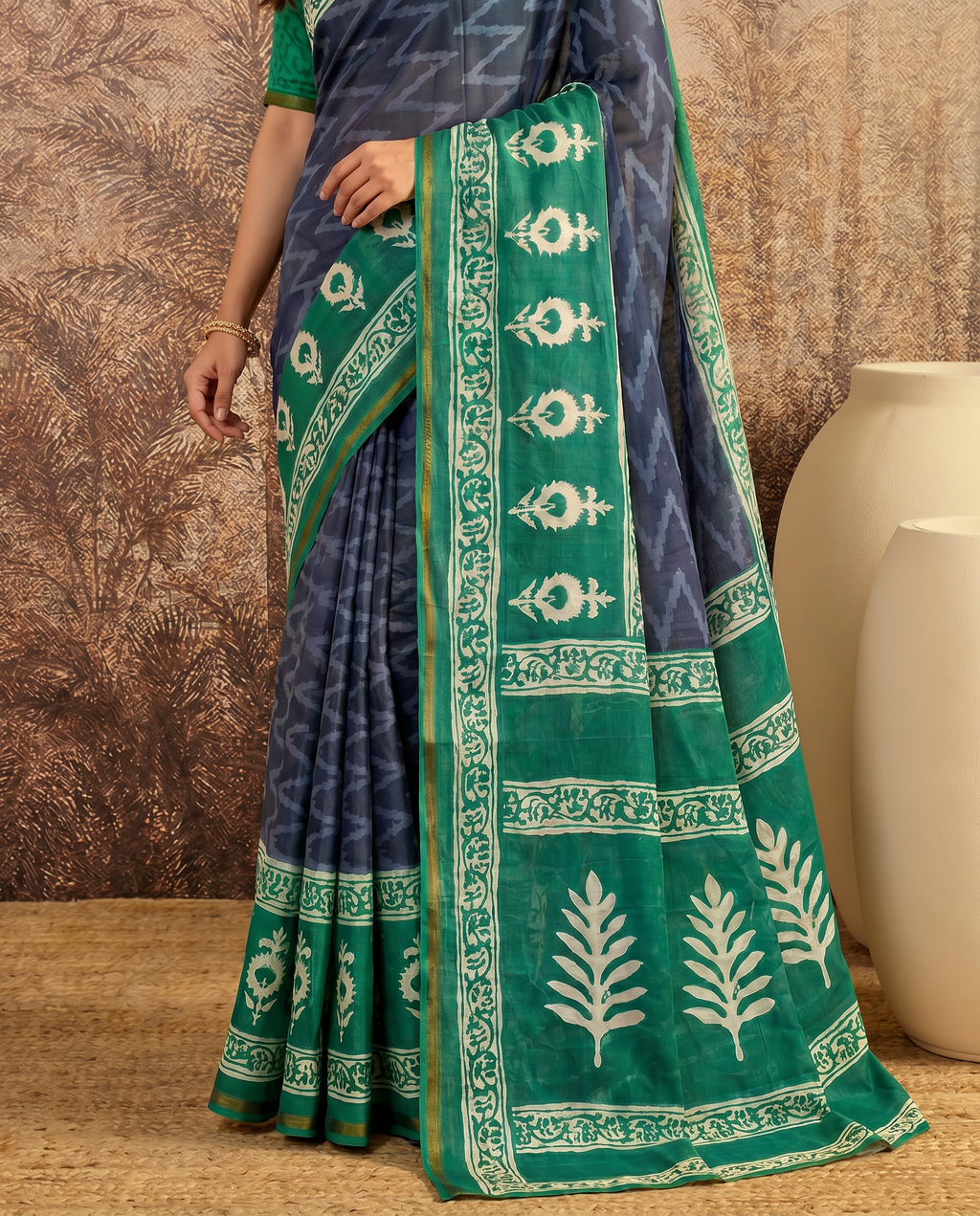 Elegant Bottle Green Printed Pure Cotton Saree with Ethnic Border - output 1 - 05 lower closeup