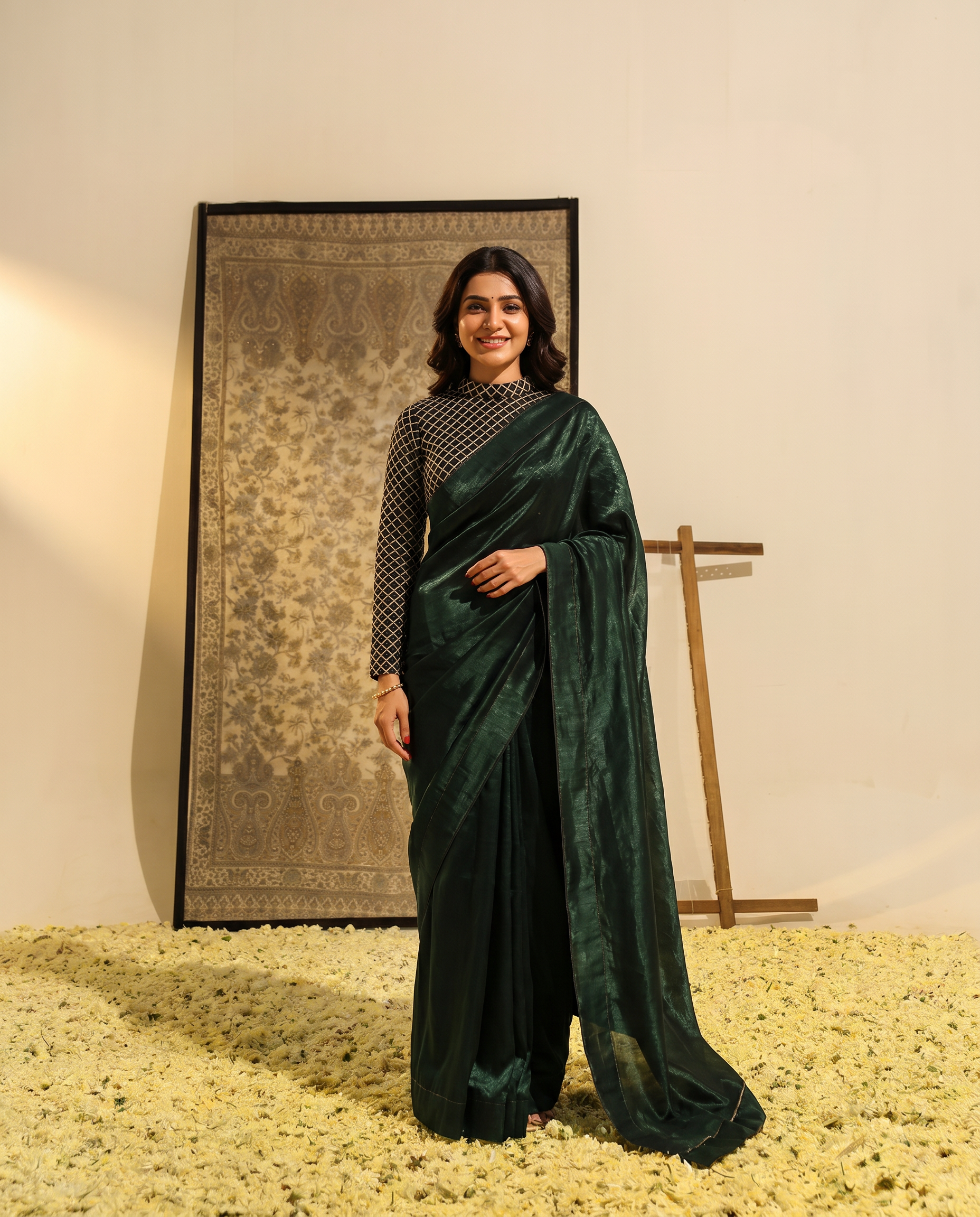 Elegant Bottle Green Satin Saree with Designer Blouse - output 0 - 02 hero