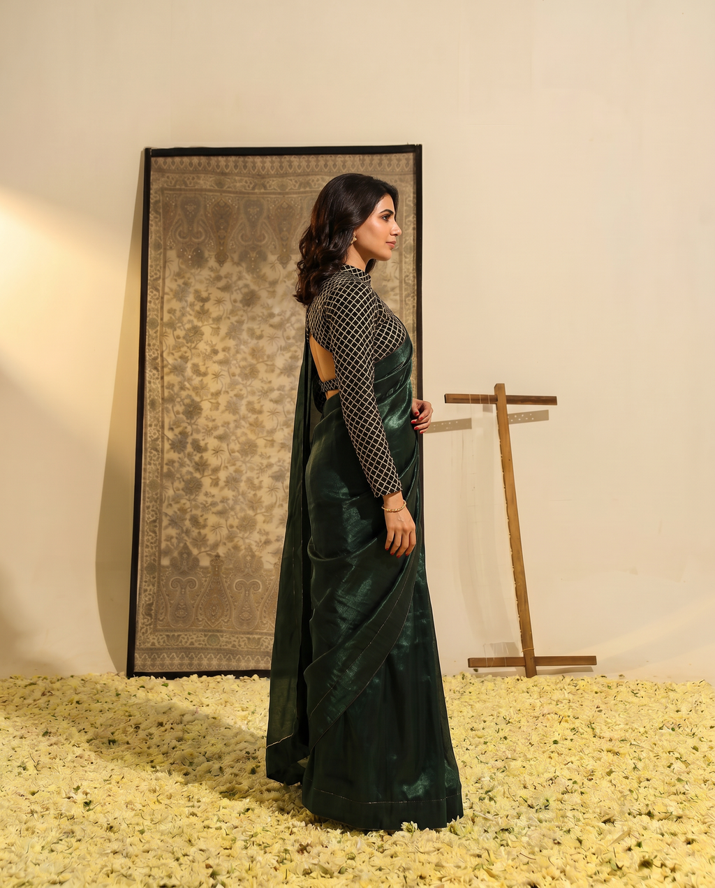 Elegant Bottle Green Satin Saree with Designer Blouse - output 0 - 03 side