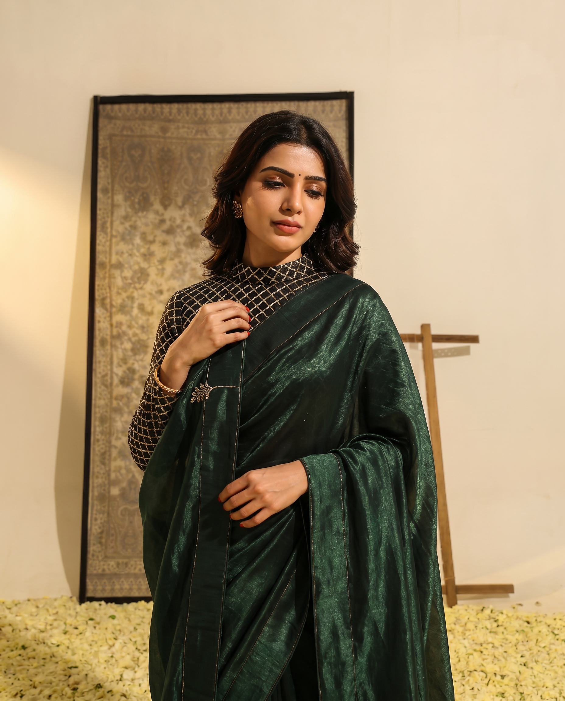 Elegant Bottle Green Satin Saree with Designer Blouse - output 0 - 04 upper closeup