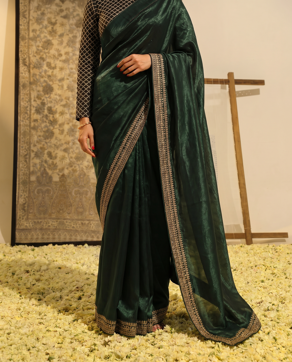 Elegant Bottle Green Satin Saree with Designer Blouse - output 0 - 05 lower closeup
