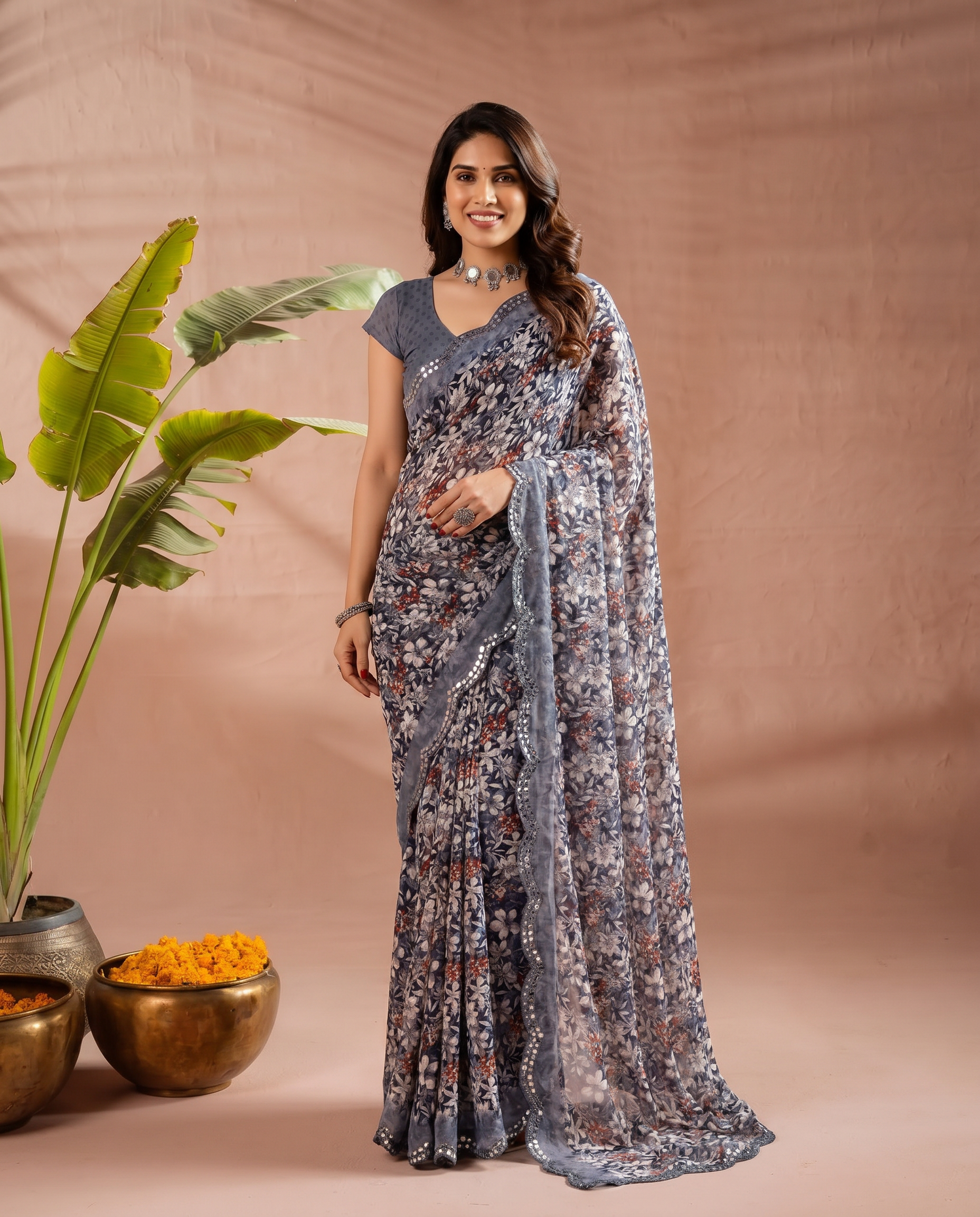 Elegant Brown Floral Printed Chiffon Saree with Designer Border – Party & Festive Wear - output 0 - 02 hero