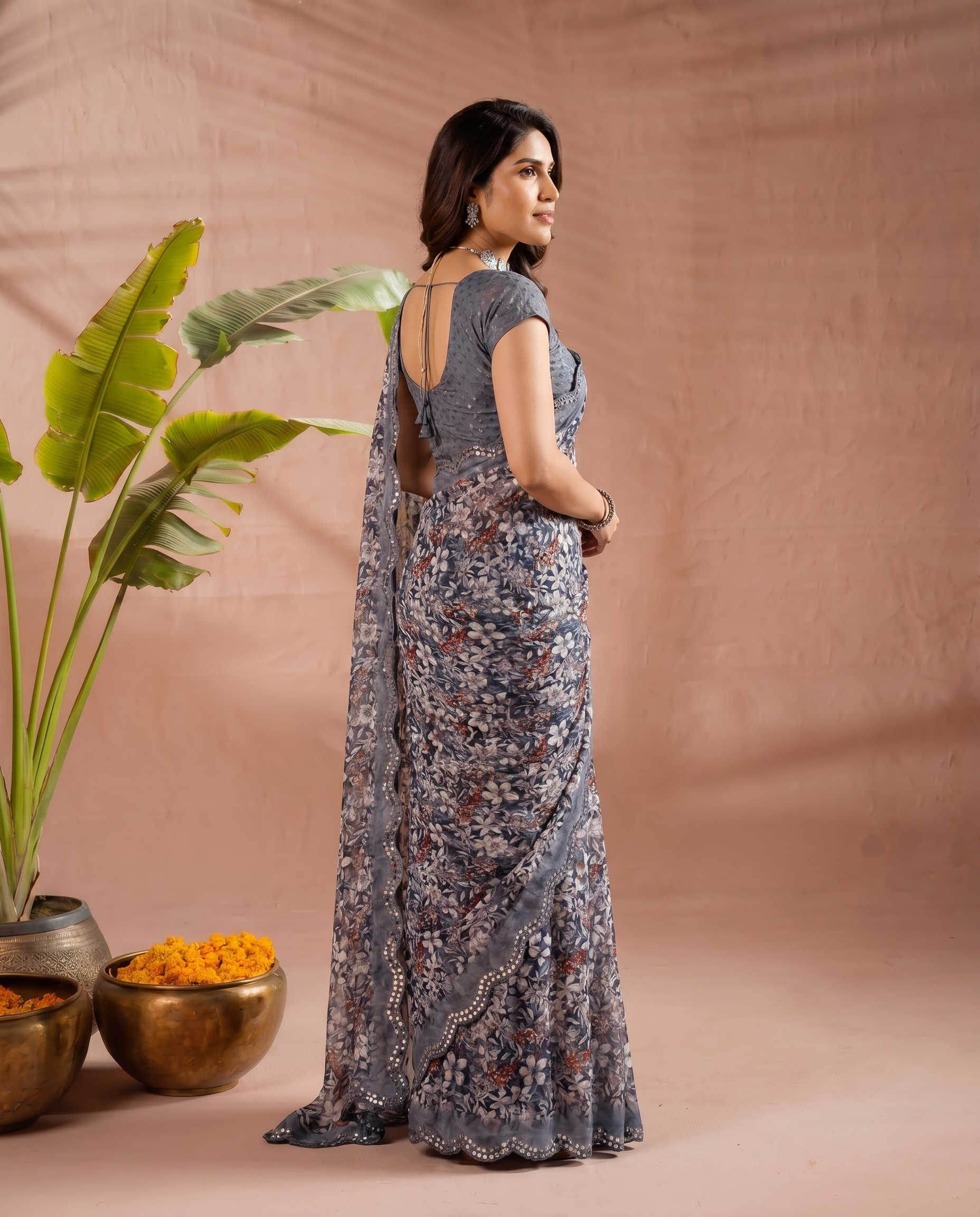 Elegant Brown Floral Printed Chiffon Saree with Designer Border – Party & Festive Wear - output 0 - 03 side