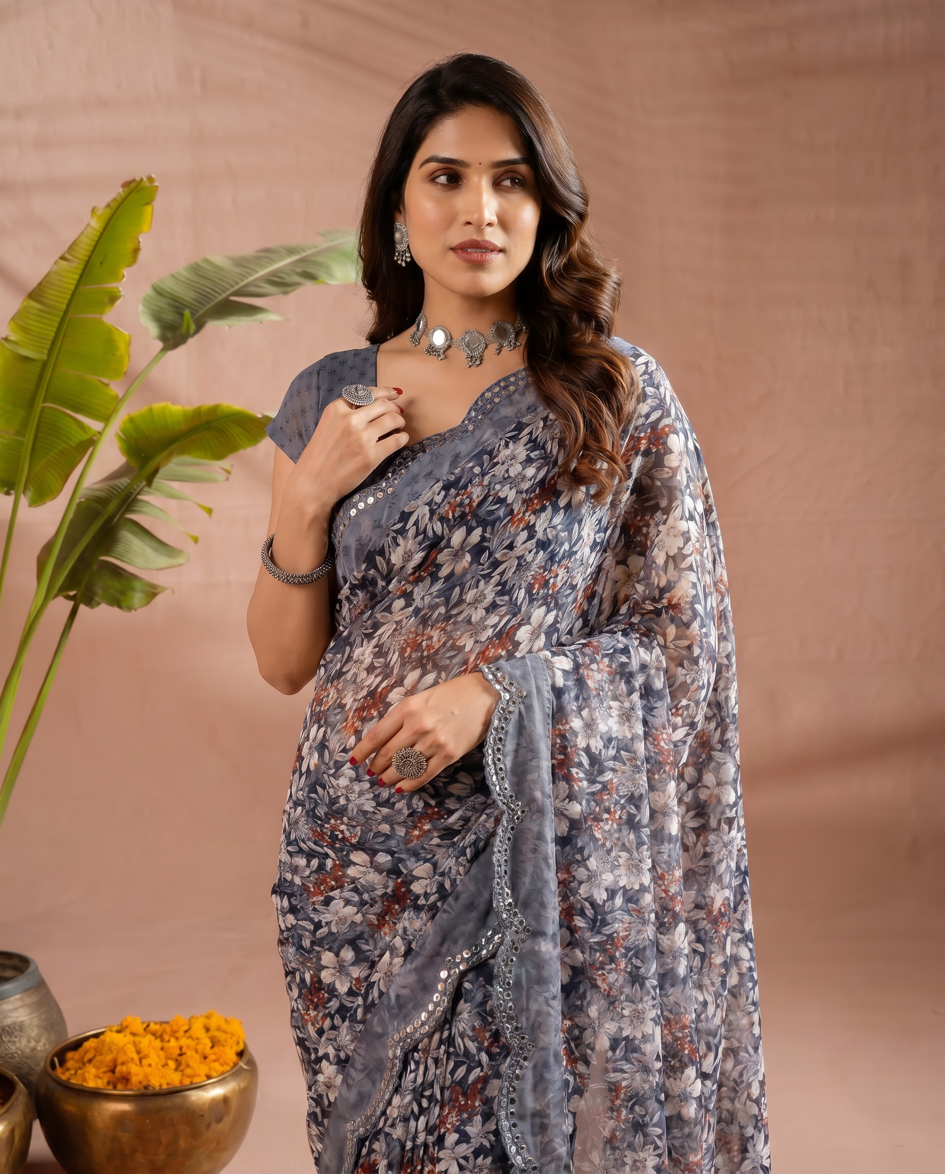 Elegant Brown Floral Printed Chiffon Saree with Designer Border – Party & Festive Wear - output 0 - 04 upper closeup