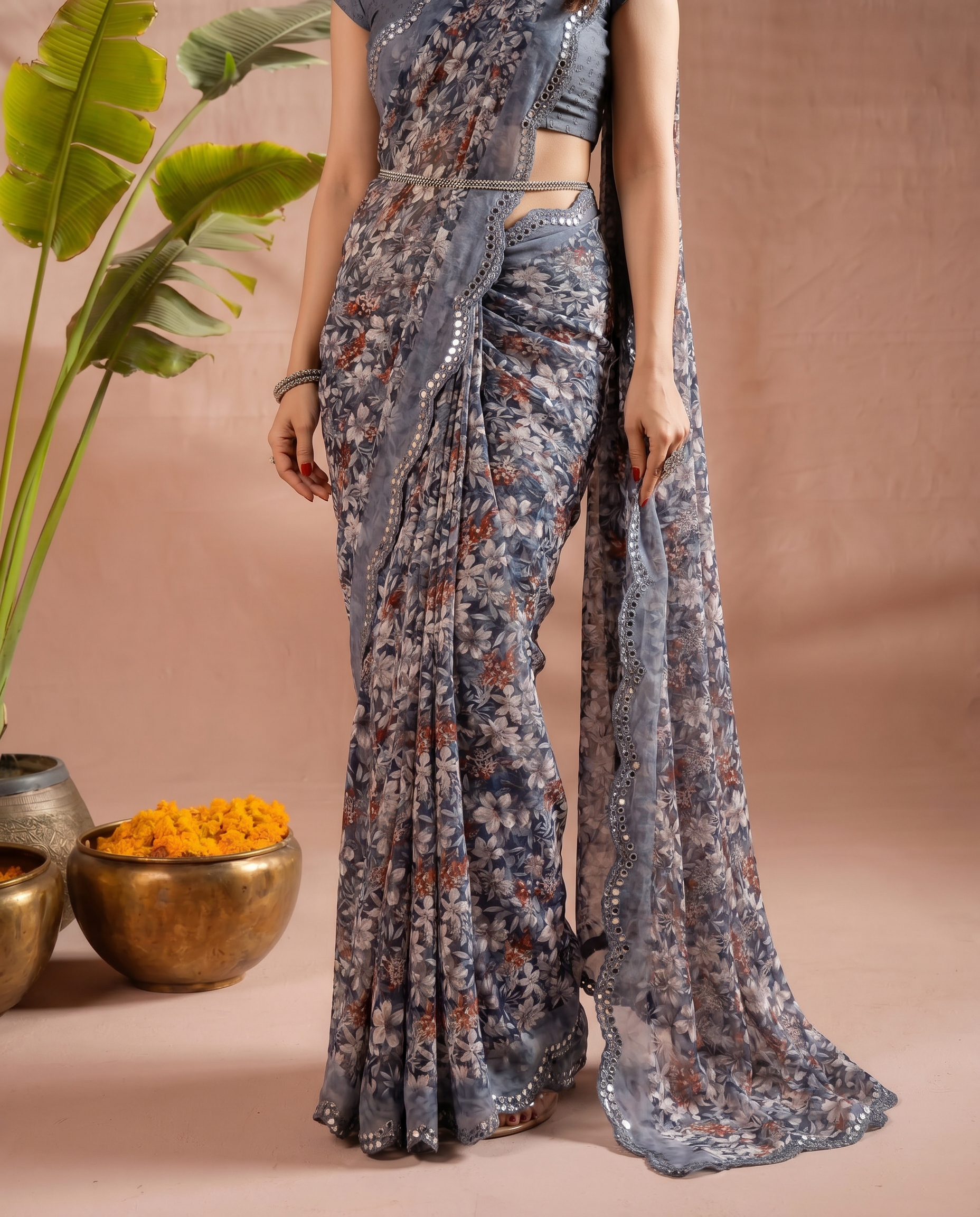 Elegant Brown Floral Printed Chiffon Saree with Designer Border – Party & Festive Wear - output 0 - 05 lower closeup