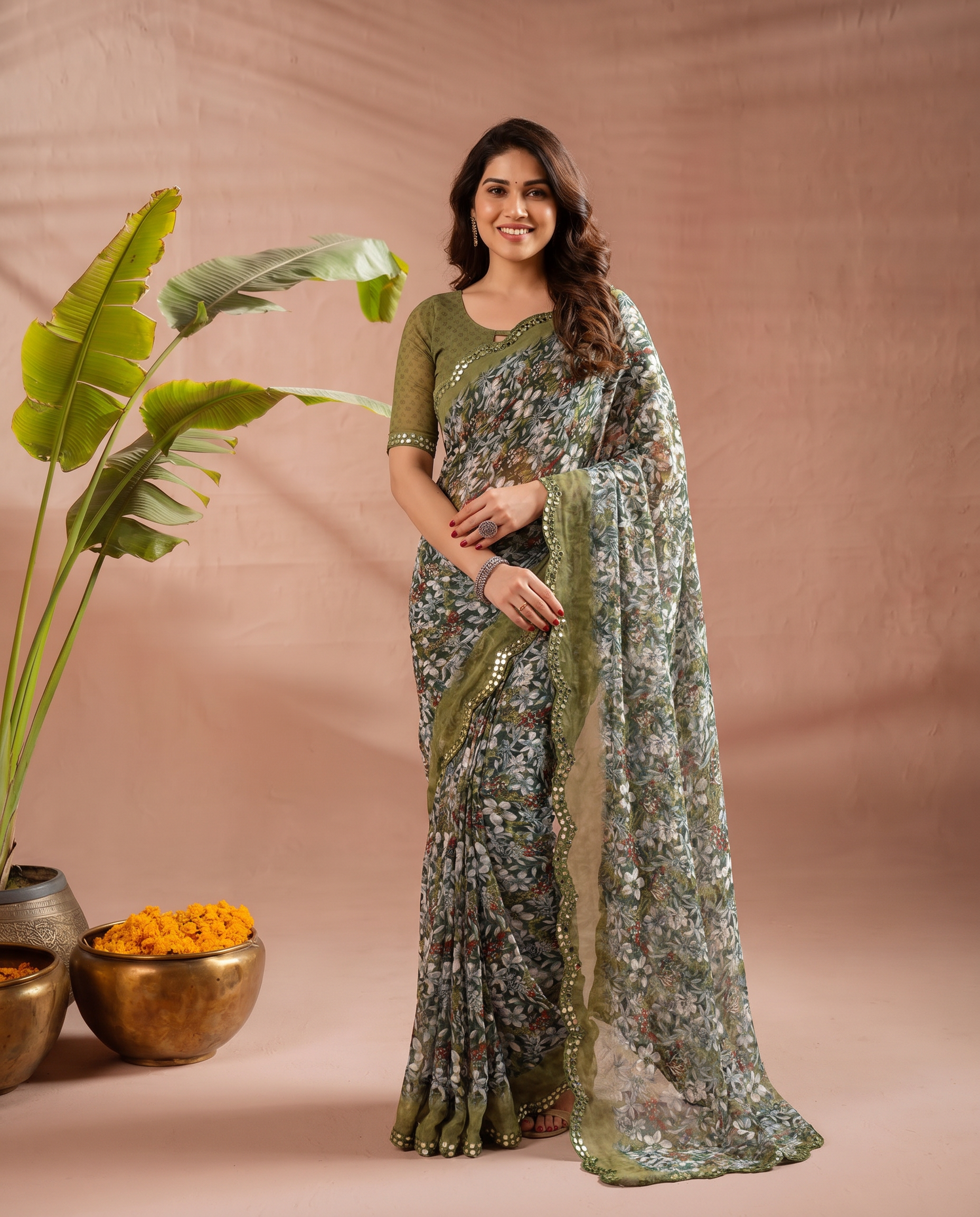 Elegant Brown Floral Printed Chiffon Saree with Designer Border – Party & Festive Wear - output 1 - 02 hero