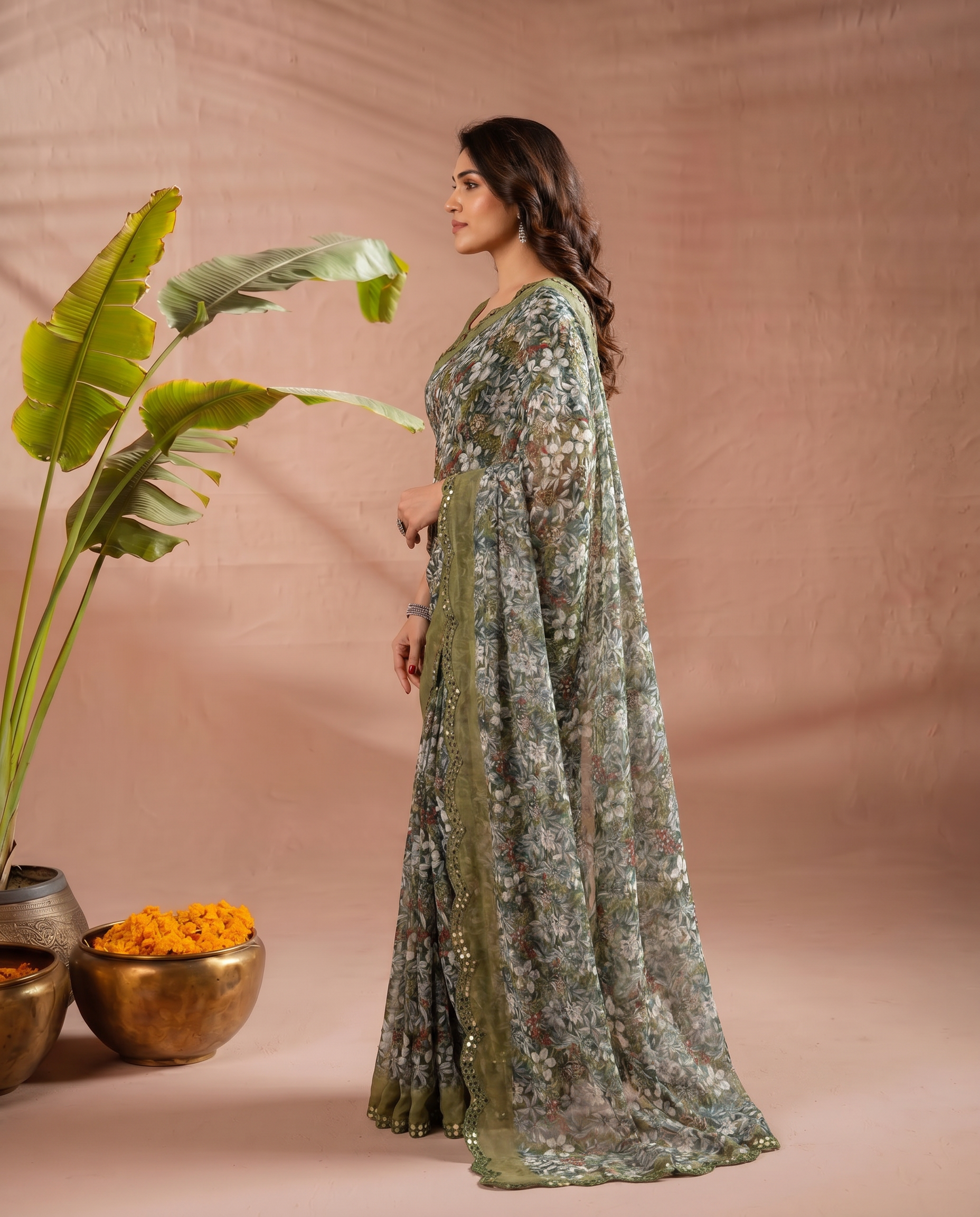 Elegant Brown Floral Printed Chiffon Saree with Designer Border – Party & Festive Wear - output 1 - 03 side
