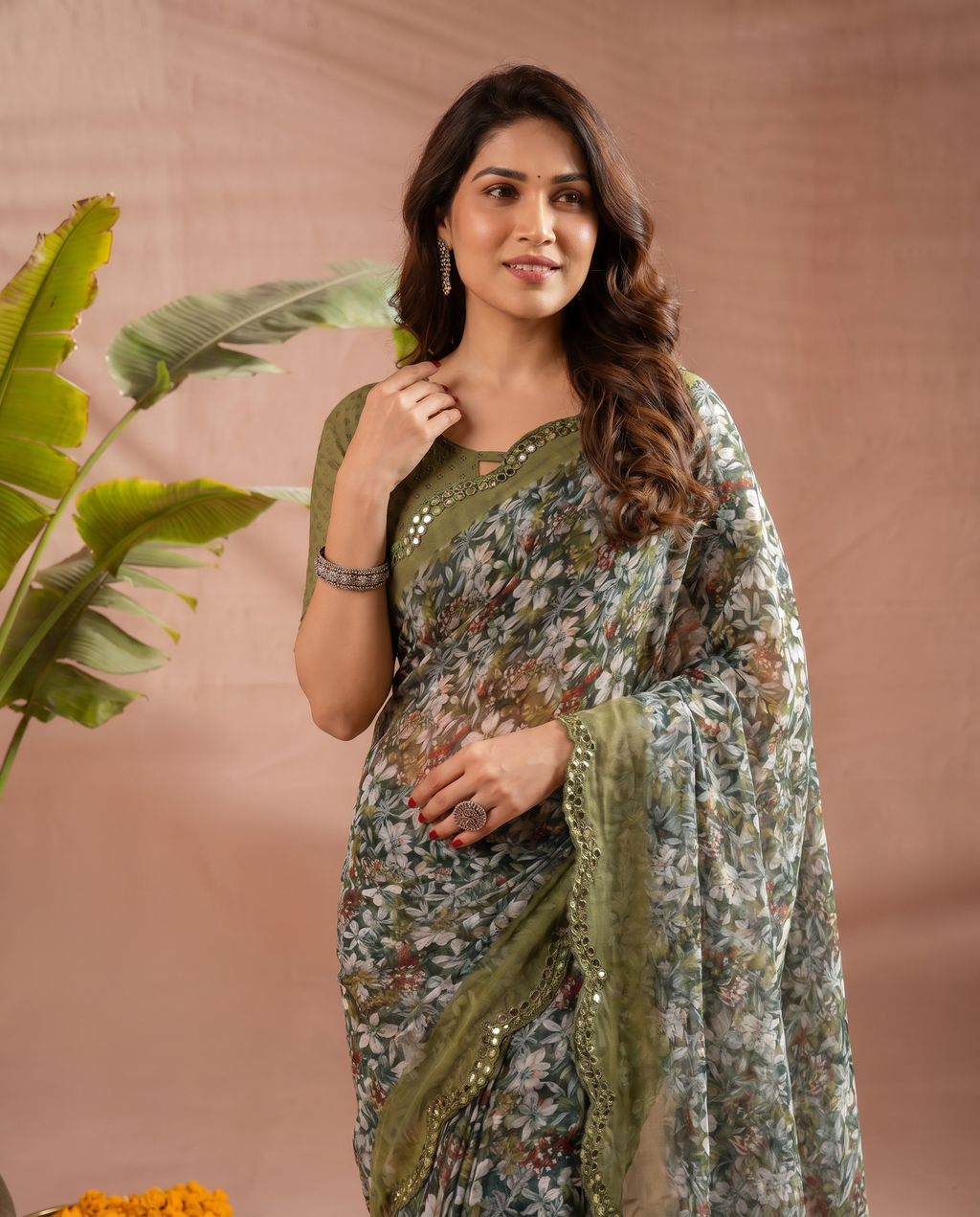 Elegant Brown Floral Printed Chiffon Saree with Designer Border – Party & Festive Wear - output 1 - 04 upper closeup