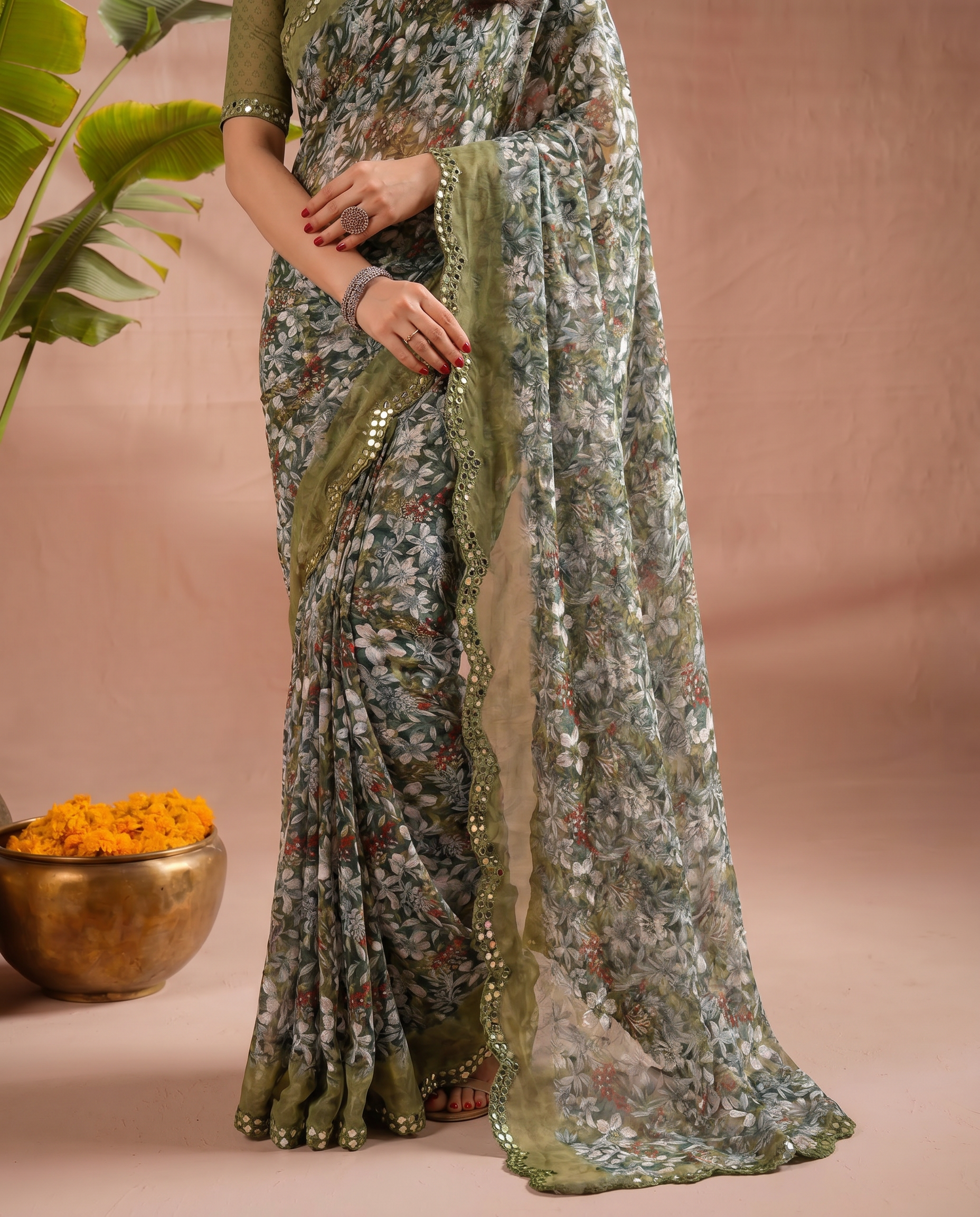 Elegant Brown Floral Printed Chiffon Saree with Designer Border – Party & Festive Wear - output 1 - 05 lower closeup