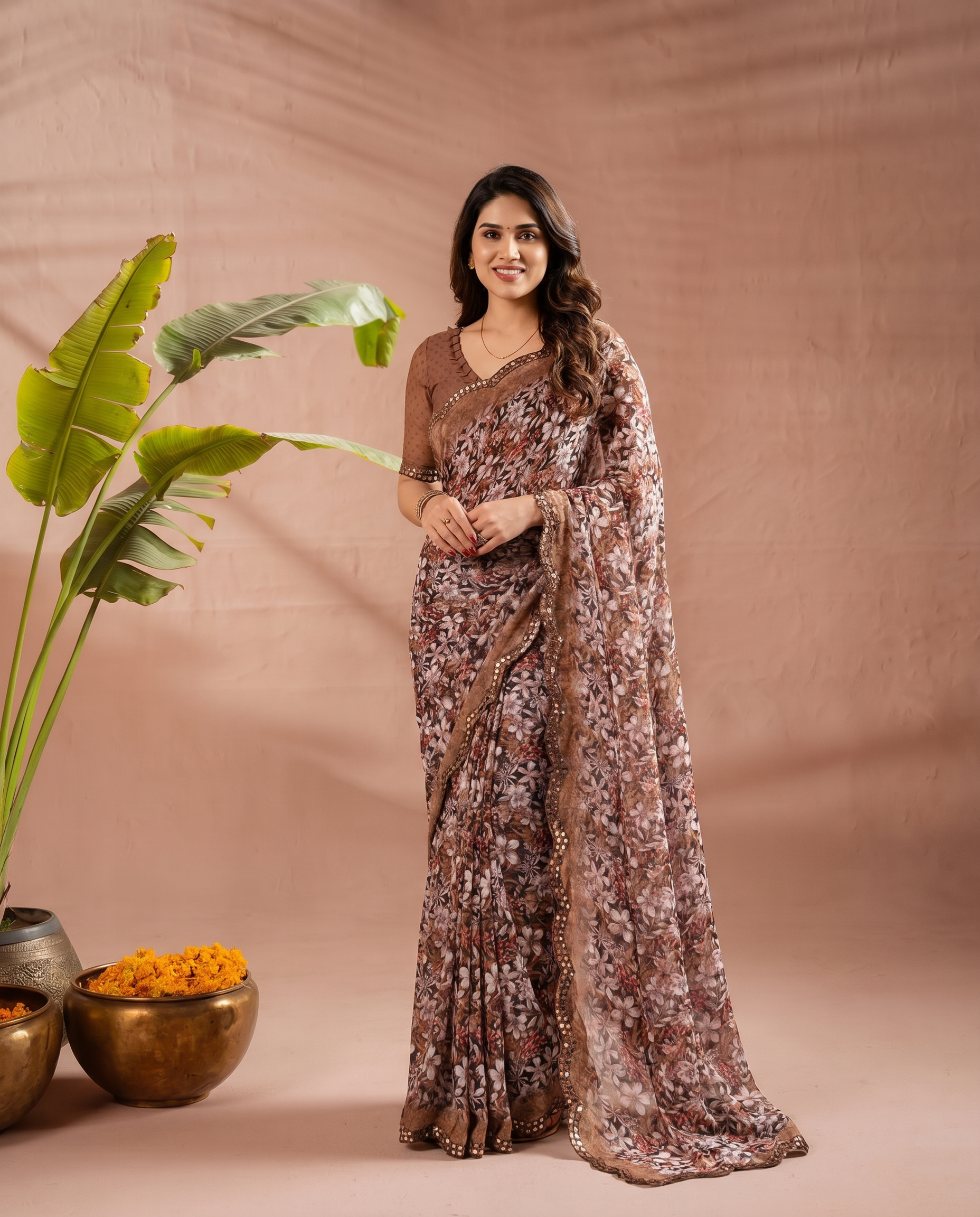 Elegant Brown Floral Printed Chiffon Saree with Designer Border – Party & Festive Wear - output 2 - 02 hero