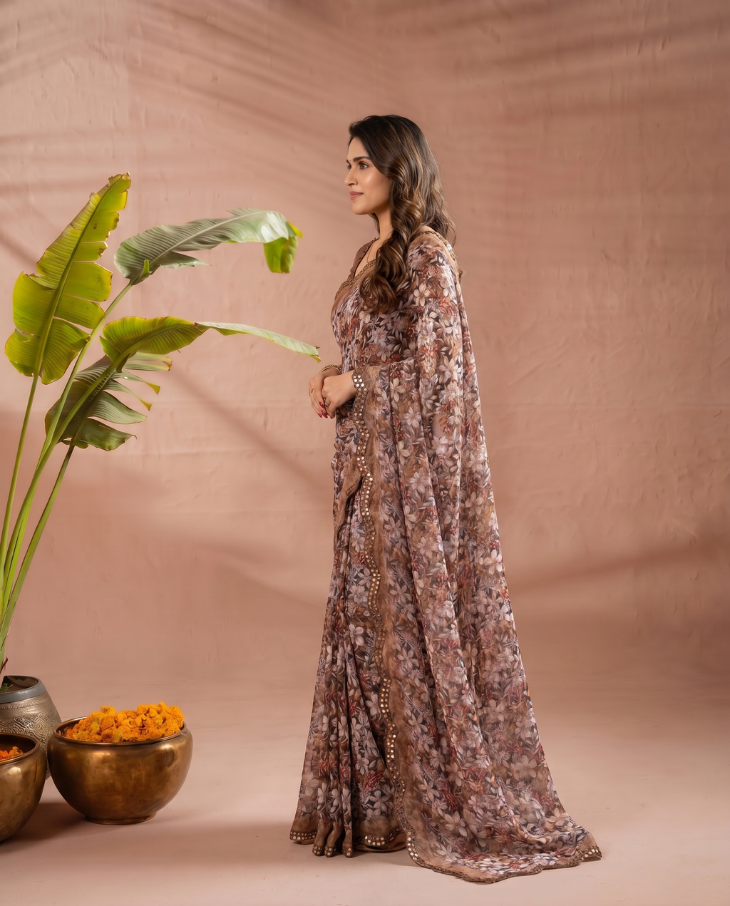 Elegant Brown Floral Printed Chiffon Saree with Designer Border – Party & Festive Wear - output 2 - 03 side