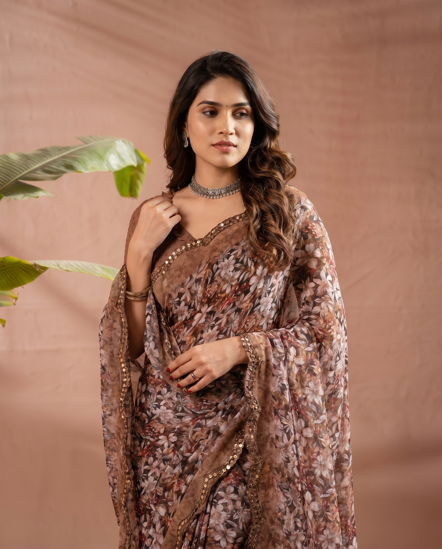 Elegant Brown Floral Printed Chiffon Saree with Designer Border – Party & Festive Wear - output 2 - 04 upper closeup