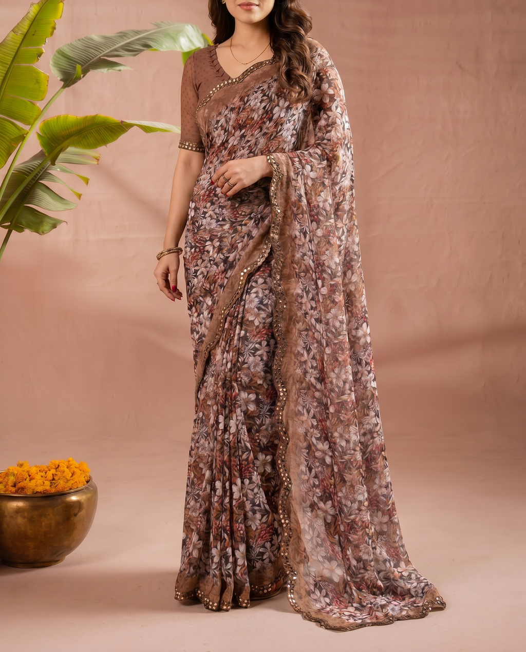 Elegant Brown Floral Printed Chiffon Saree with Designer Border – Party & Festive Wear - output 2 - 05 lower closeup