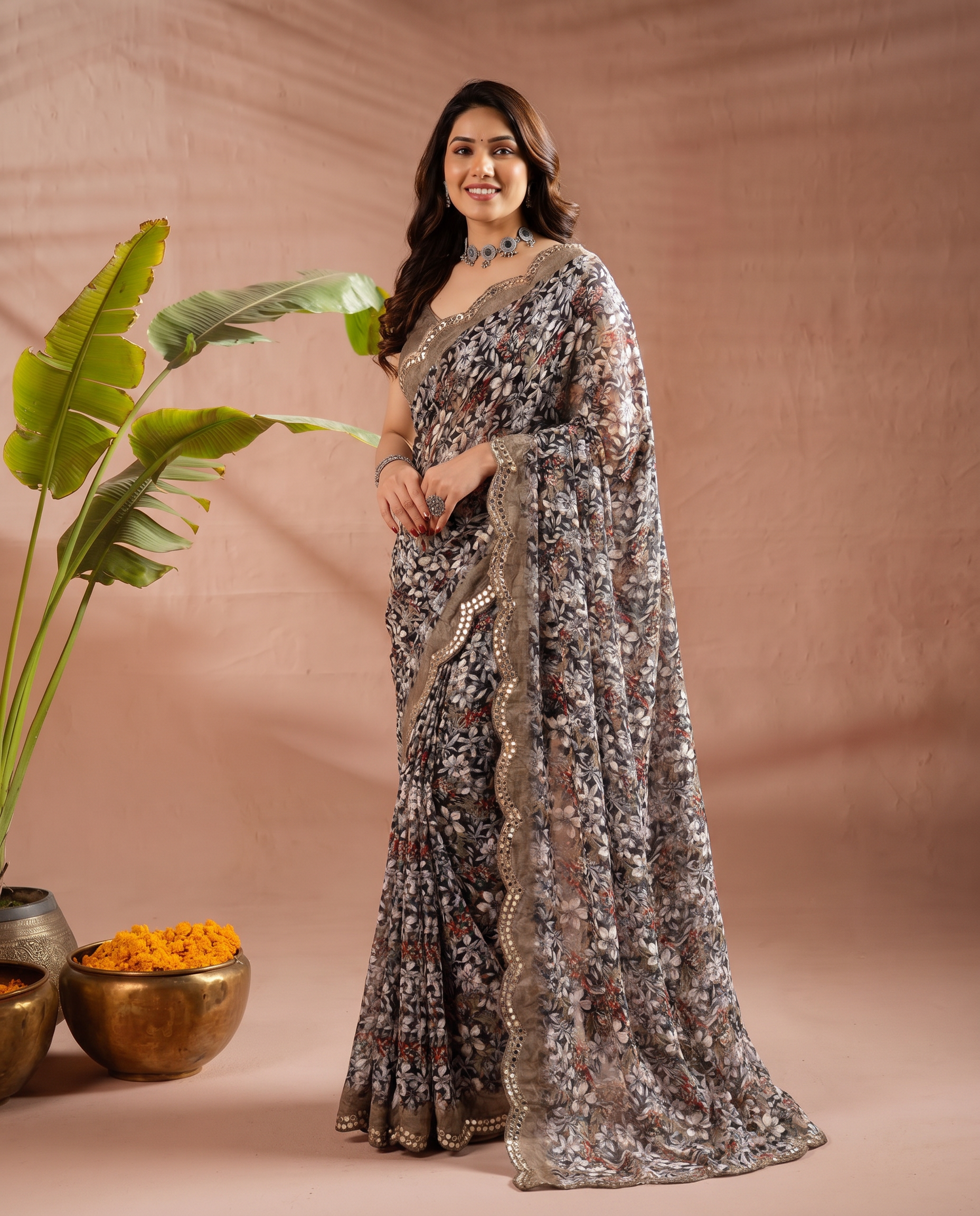 Elegant Brown Floral Printed Chiffon Saree with Designer Border – Party & Festive Wear - output 3 - 02 hero