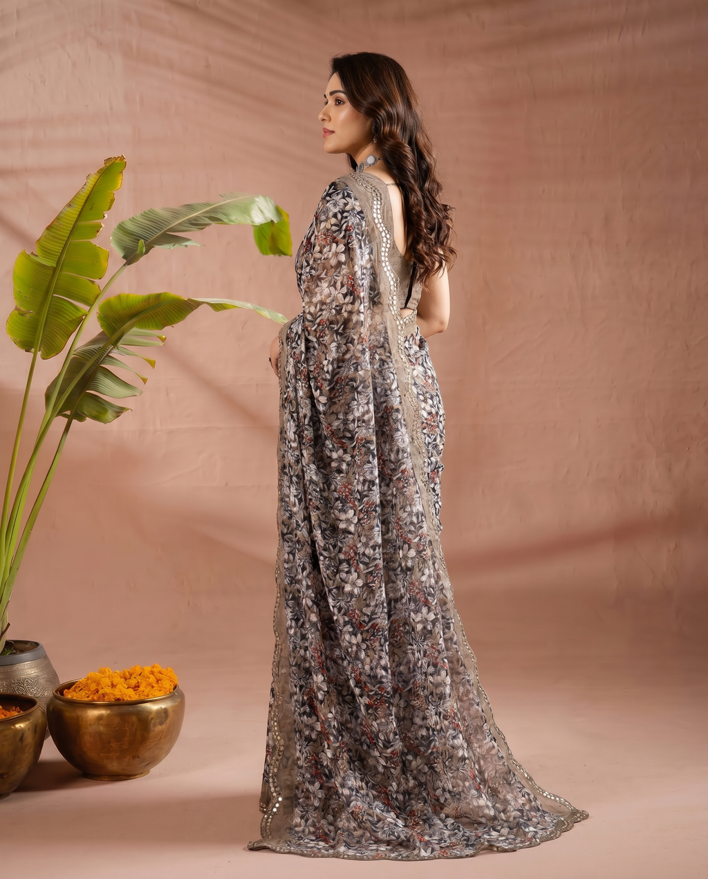 Elegant Brown Floral Printed Chiffon Saree with Designer Border – Party & Festive Wear - output 3 - 03 side